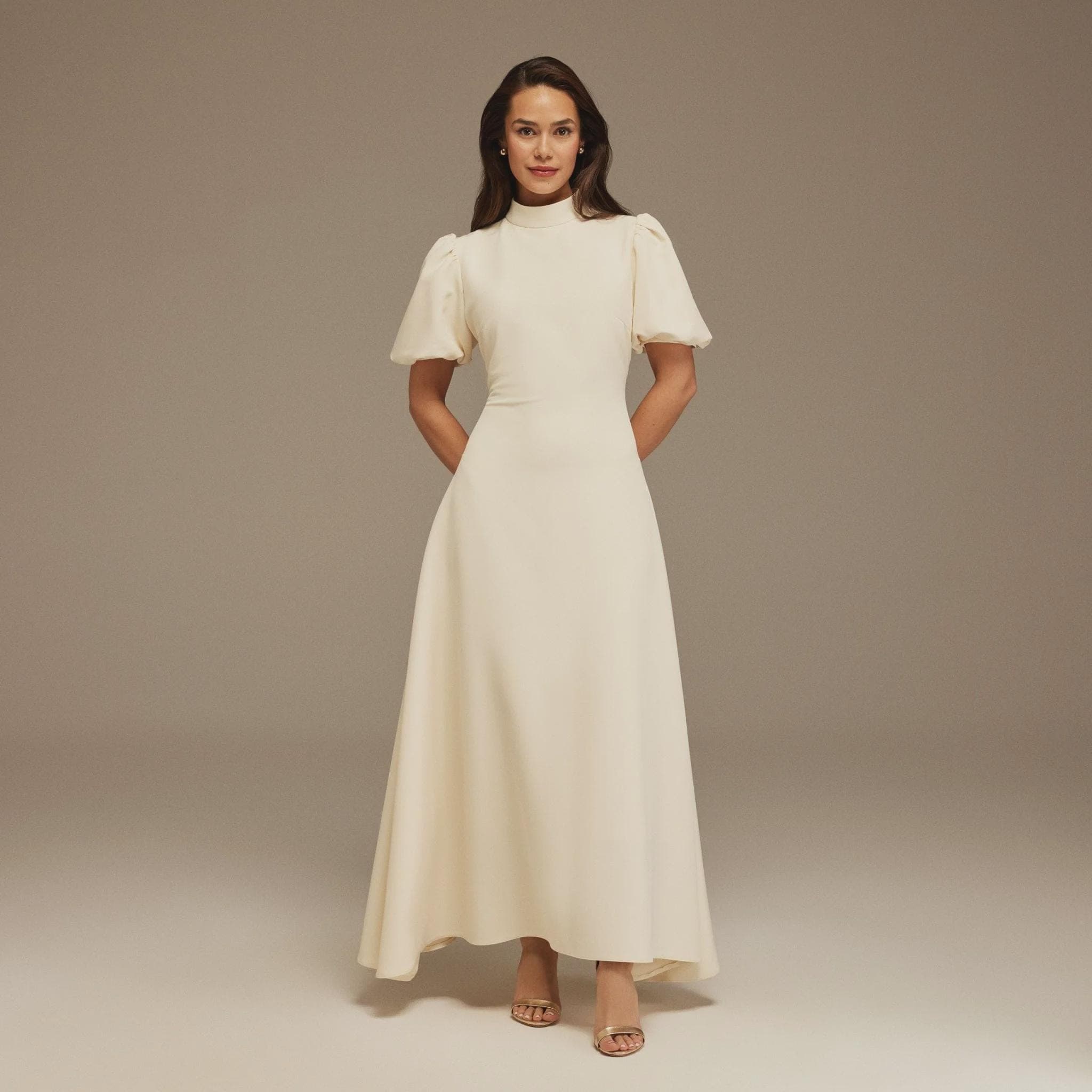 Short Puffy Sleeve Midi Crepe Dress| Tzinut Fashion | Modest Gown | Shabbat outfits | Custom made available | More colours available