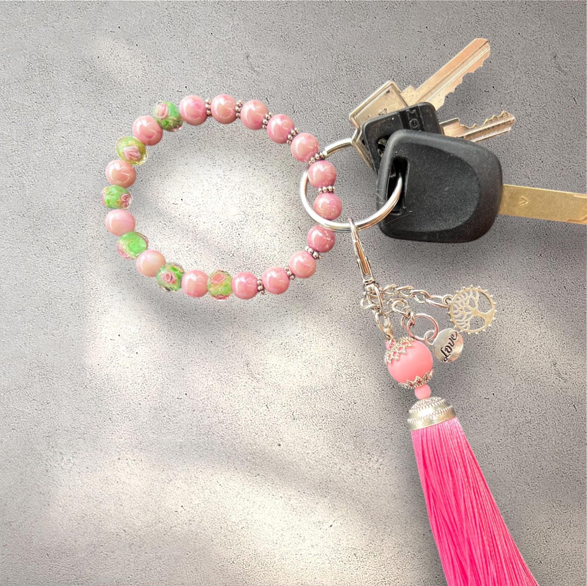Beaded Keychain Bracelet with Tassel-Charm Keychain-Stretch Wristlet Key Ring-Handmade Charm Keychain-Gift for Her-Cute Accessories