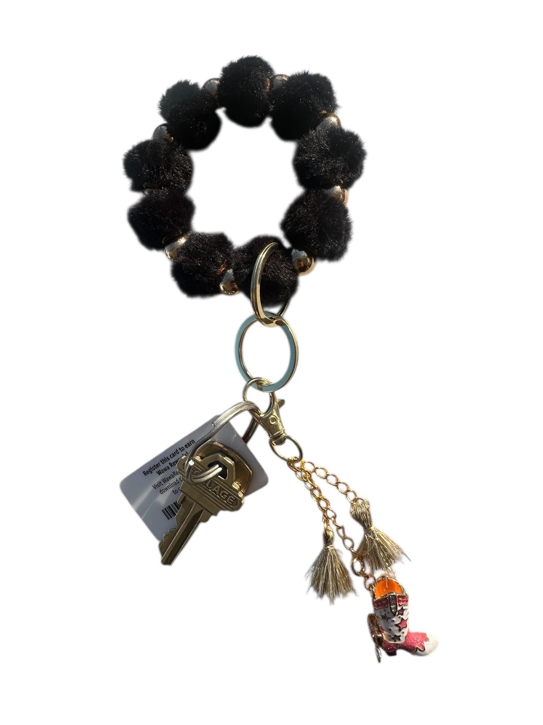 Cute Beaded Keychain Bracelet-Stretch Wristlet with Tassel and Charms-Handmade Key Ring-Gift for Her