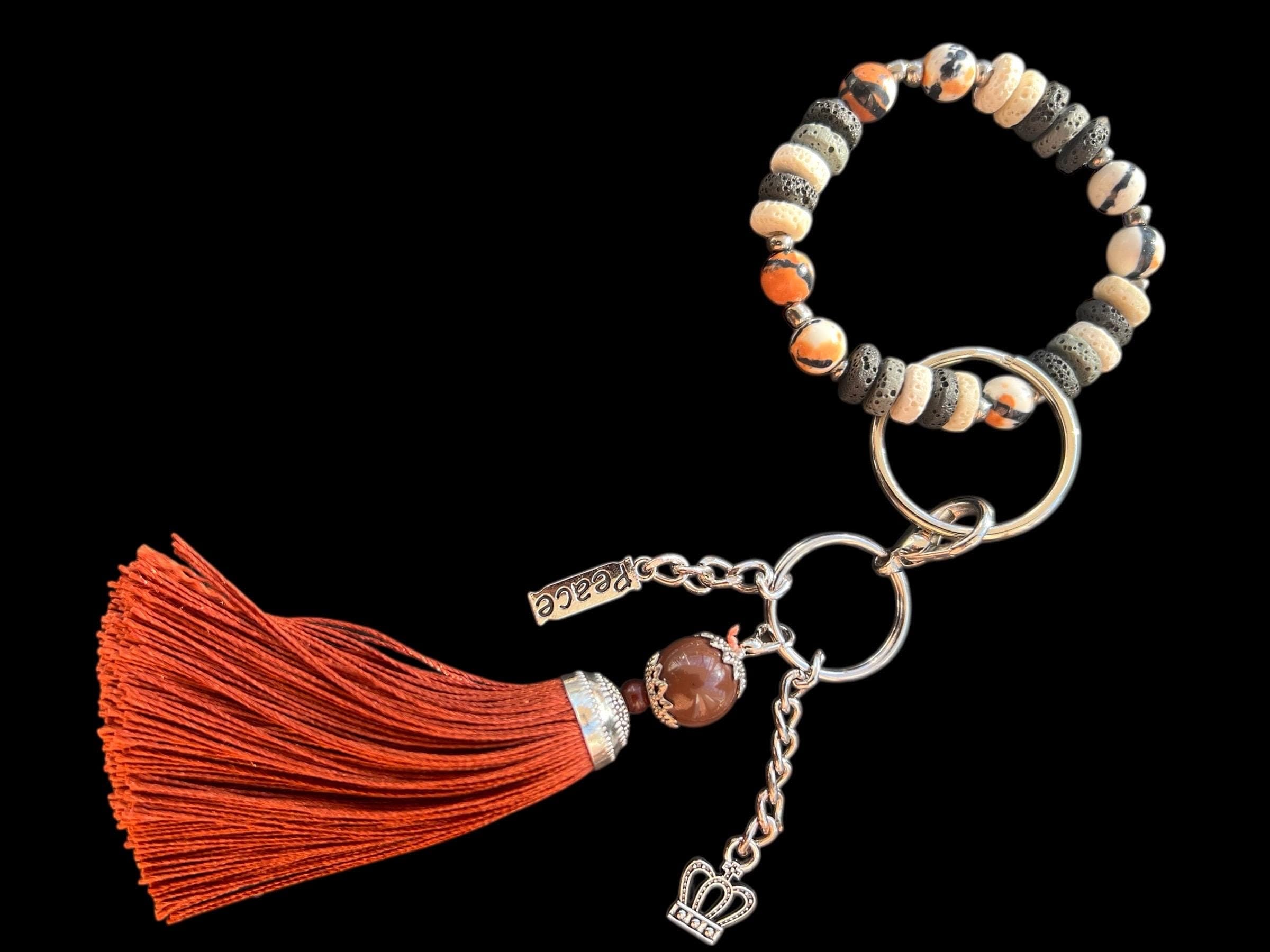 Handmade Beaded Wristlet Keychain-Stretch Bracelet Key Ring with Tassel-Charm Keychain-Unique Gift for Her