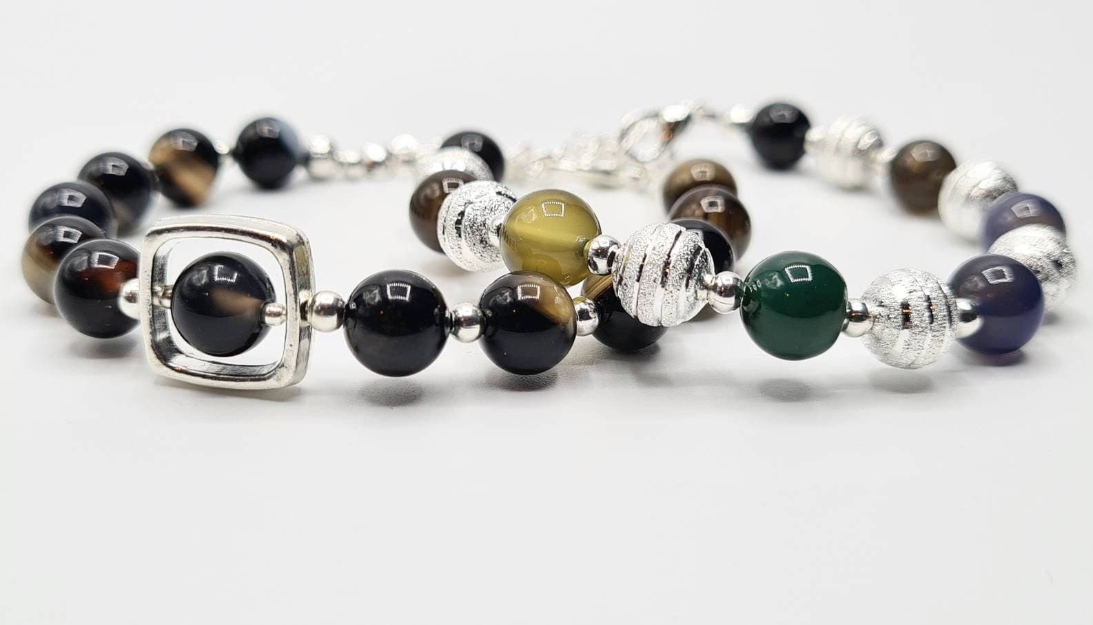 Agate Bracelet Set of 2: Multicolour & Black Natural Gemstone Beaded Bracelets - image 3