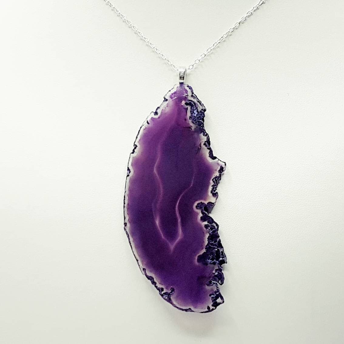 Purple Agate Slice Necklace in Sterling Silver, Reiki Infused Pendant, Natural Gemstone Healing Jewellery