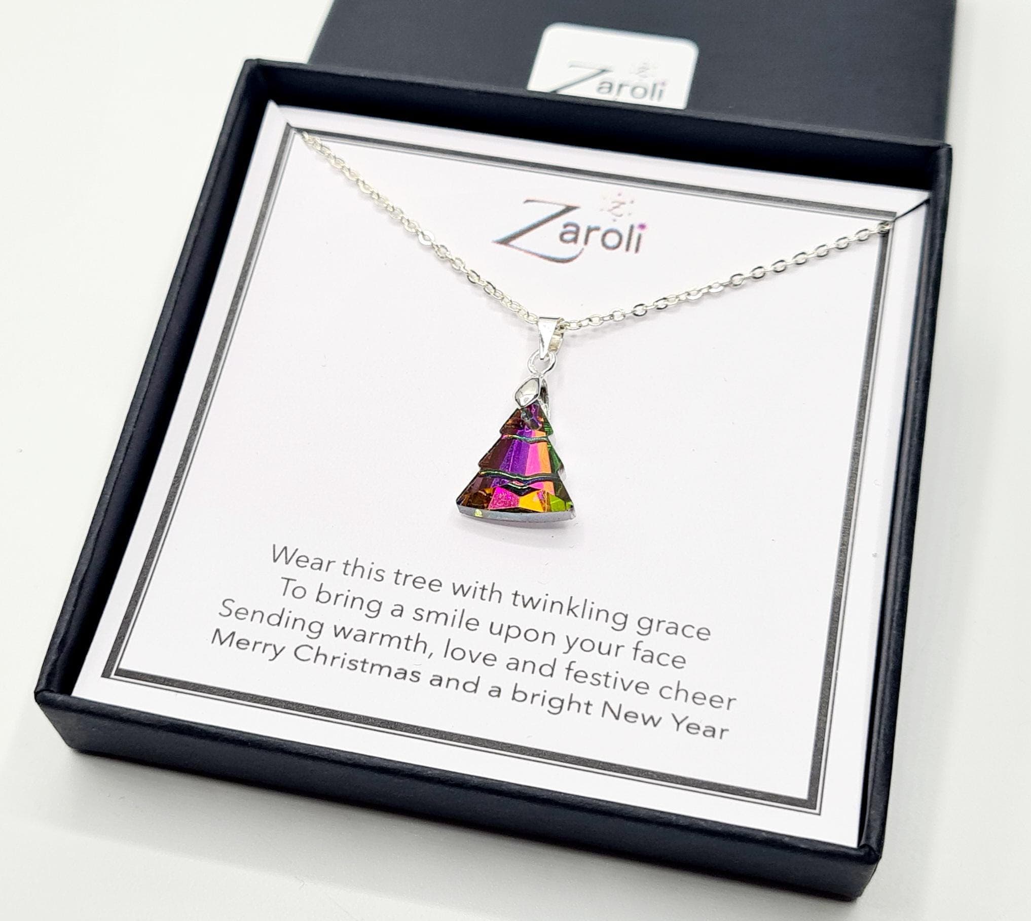 Iridescent Glass Crystal Christmas Tree Pendant Necklace, Christmas Gift on Poem Card
