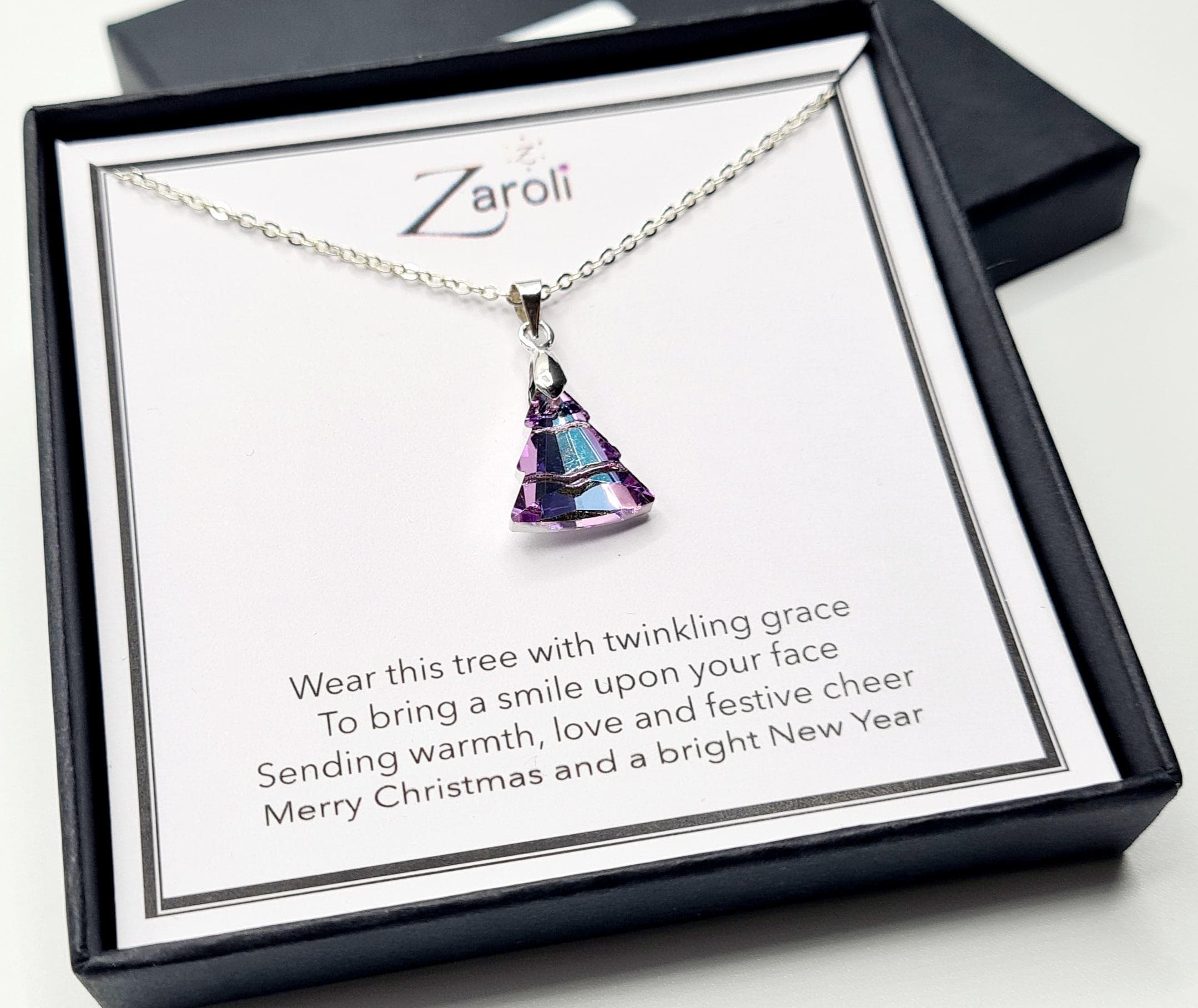 Iridescent Glass Crystal Christmas Tree Pendant Necklace, Christmas Gift on Poem Card, Pink and Blue Hues