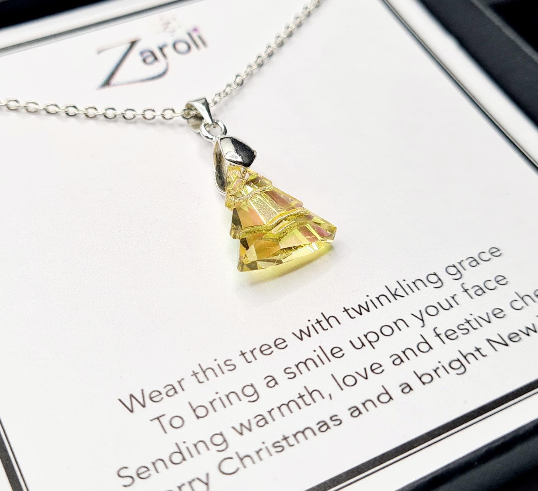 Iridescent Glass Crystal Christmas Tree Pendant Necklace, Christmas Gift on Poem Card, Golden - image 4
