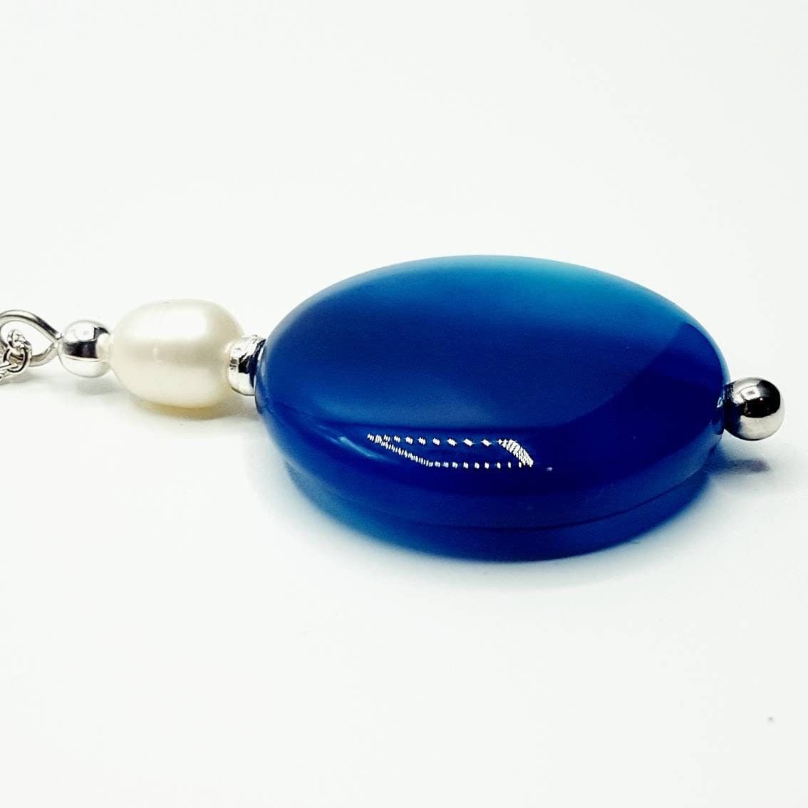 Blue Agate & Pearl Necklace, Natural Gemstone Pendant
