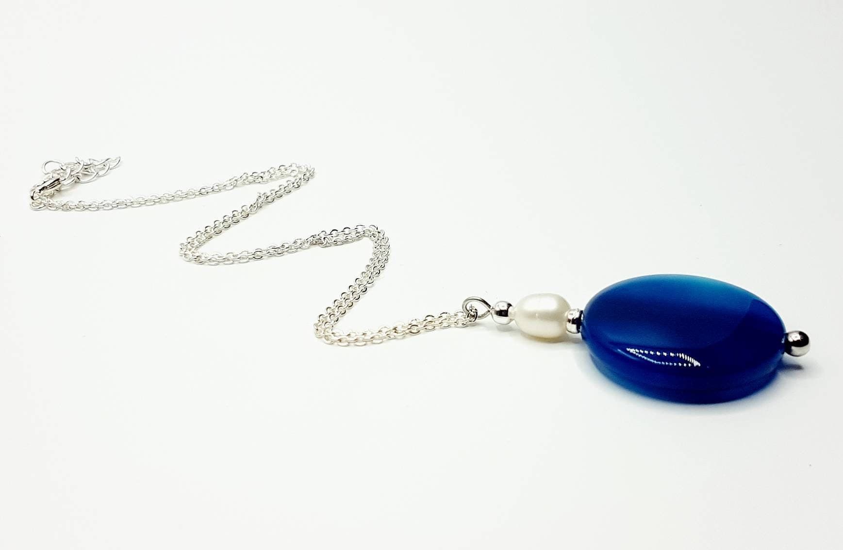 Blue Agate & Pearl Necklace, Natural Gemstone Pendant - image 4