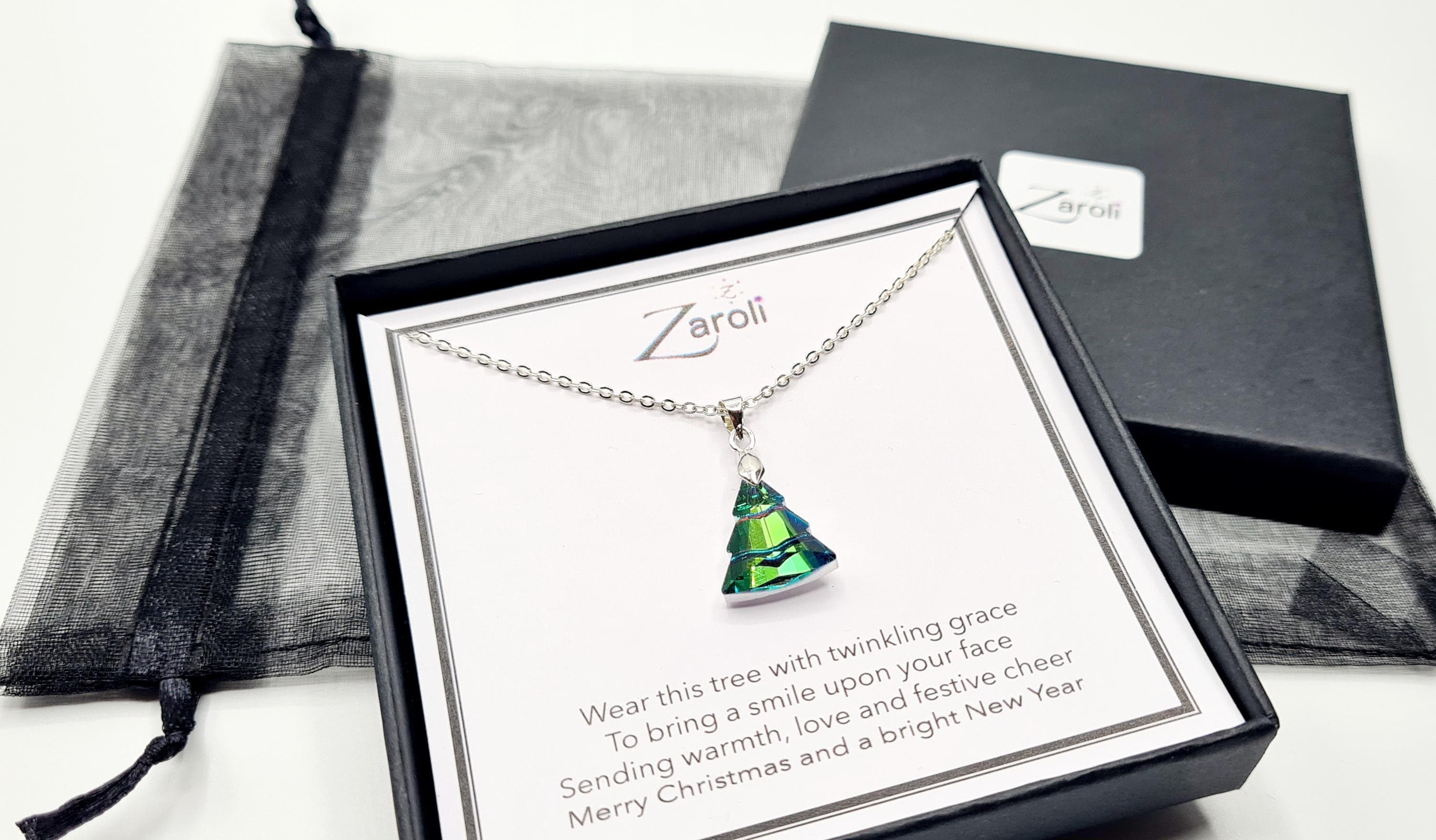 Iridescent Glass Crystal Christmas Tree Pendant Necklace, Christmas Gift on Poem Card, Green - image 3