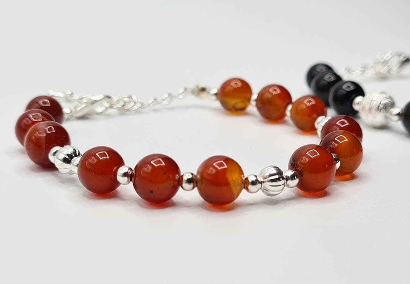 Agate Bracelet Set of 2: Black & Orange Natural Gemstone Beaded Bracelets