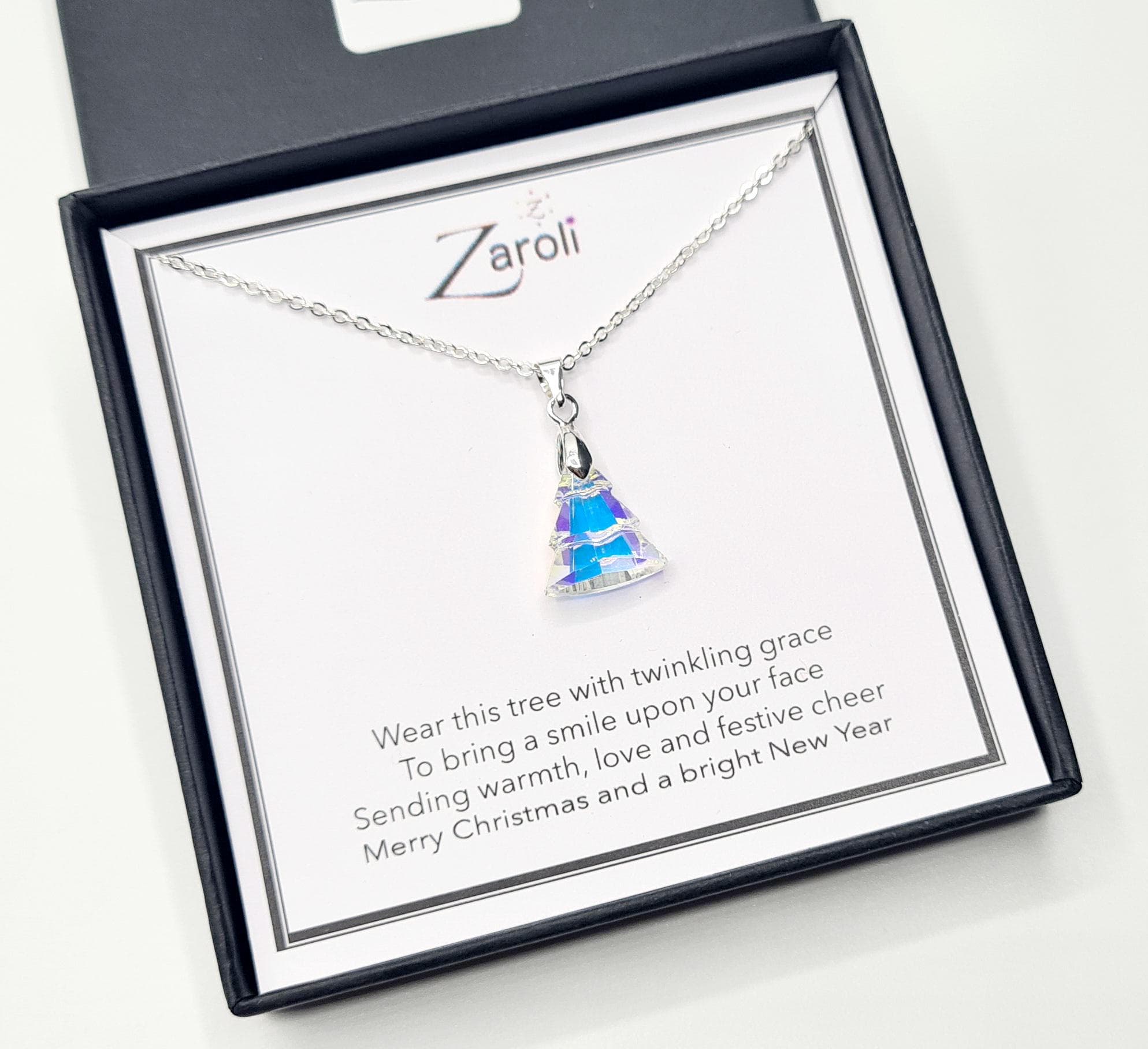 Iridescent Glass Crystal Christmas Tree Pendant Necklace, Christmas Gift on Poem Card, AB Crystal