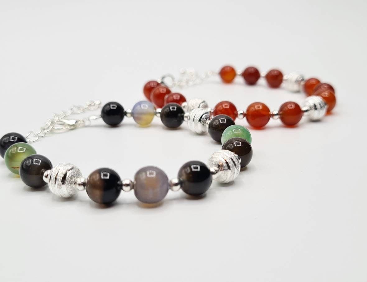 Agate Bracelet Set of 2: Multicolour & Orange Natural Gemstone Beaded Bracelets