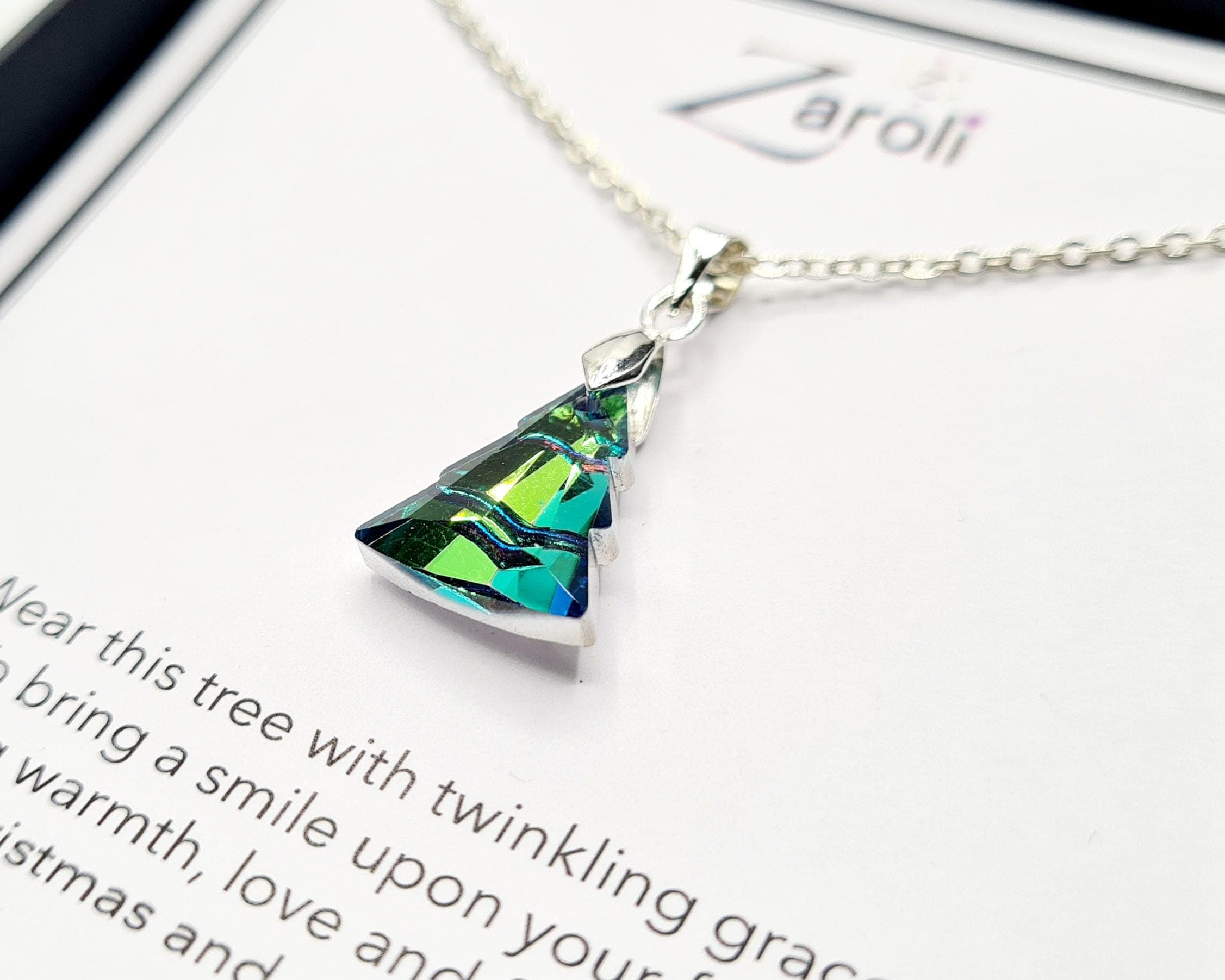 Iridescent Glass Crystal Christmas Tree Pendant Necklace, Christmas Gift on Poem Card, Green - image 4