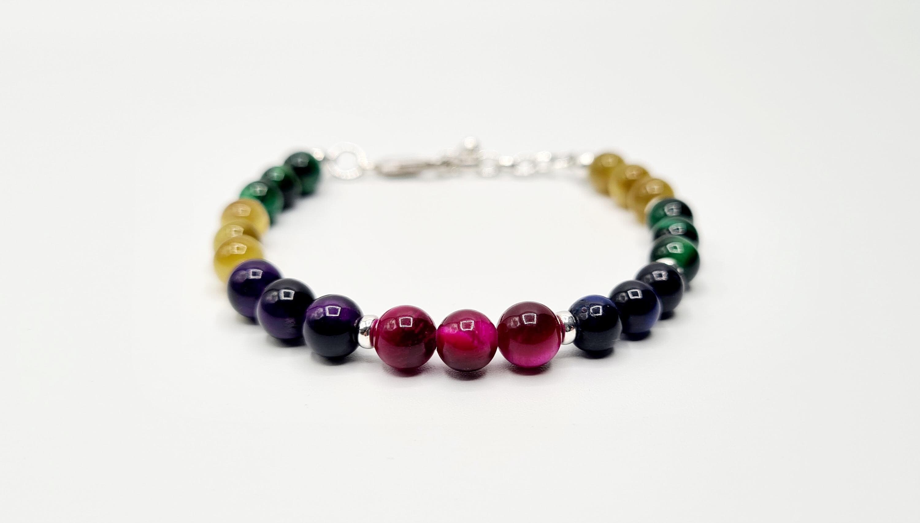 Multicolor Tiger's Eye Bracelet in Sterling Silver, Natural Gemstone, Reiki Infused Bracelet, Healing Jewellery