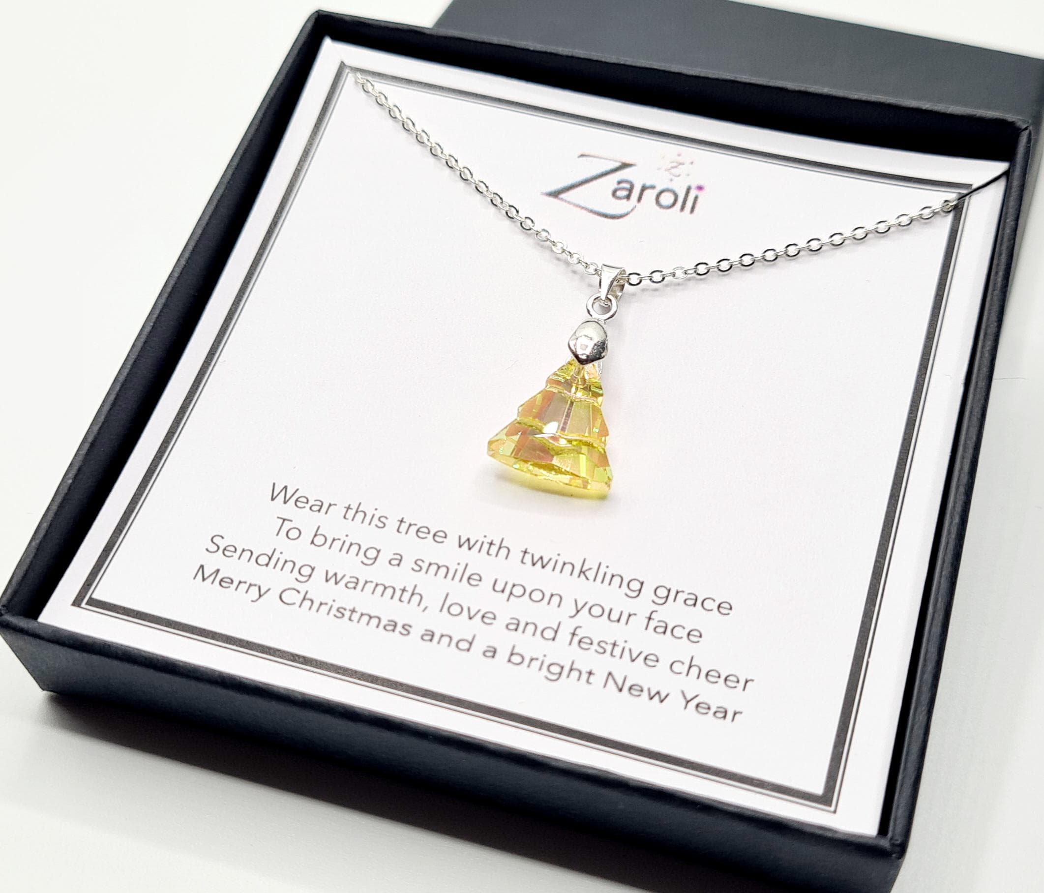 Iridescent Glass Crystal Christmas Tree Pendant Necklace, Christmas Gift on Poem Card, Golden