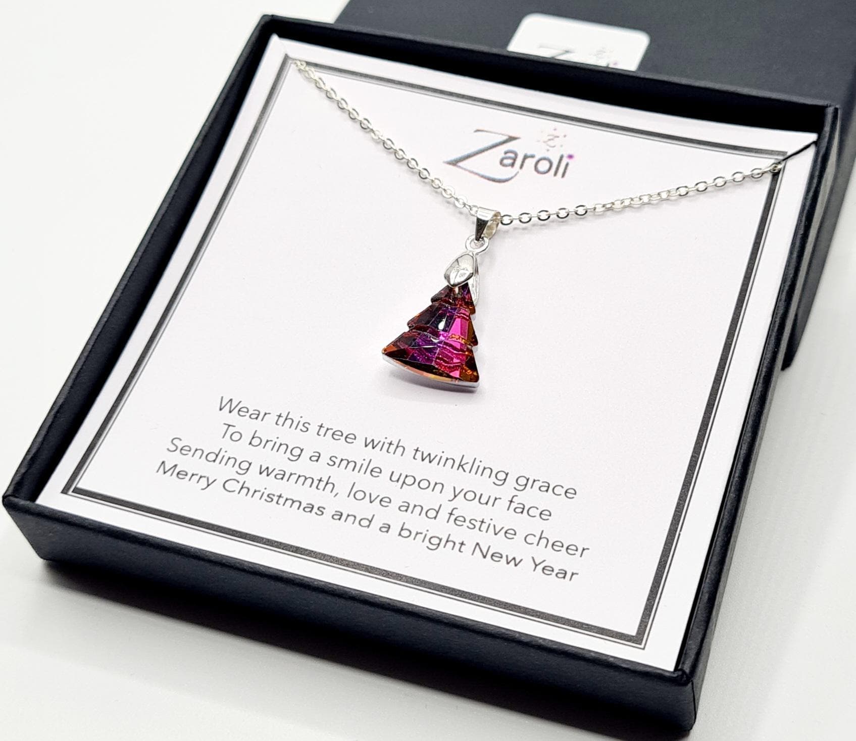Iridescent Glass Crystal Christmas Tree Pendant Necklace, Christmas Gift on Poem Card, Deep Pink and Orange Hues