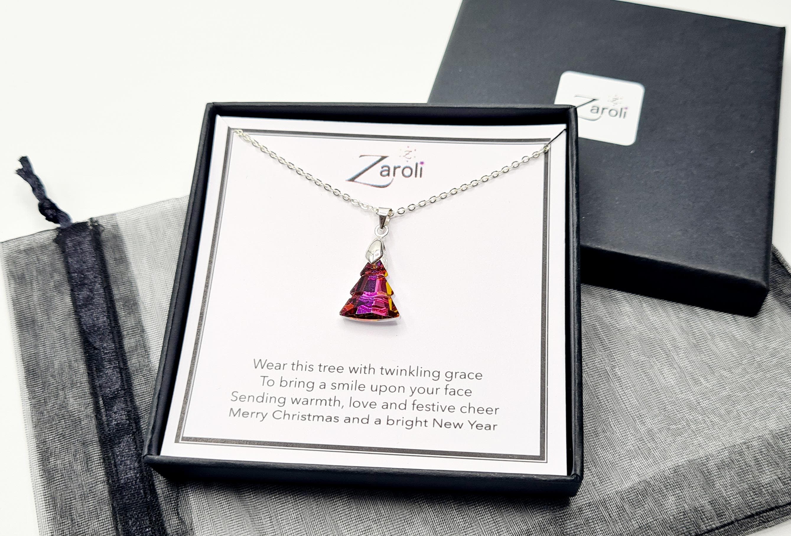 Iridescent Glass Crystal Christmas Tree Pendant Necklace, Christmas Gift on Poem Card, Deep Pink and Orange Hues - image 5