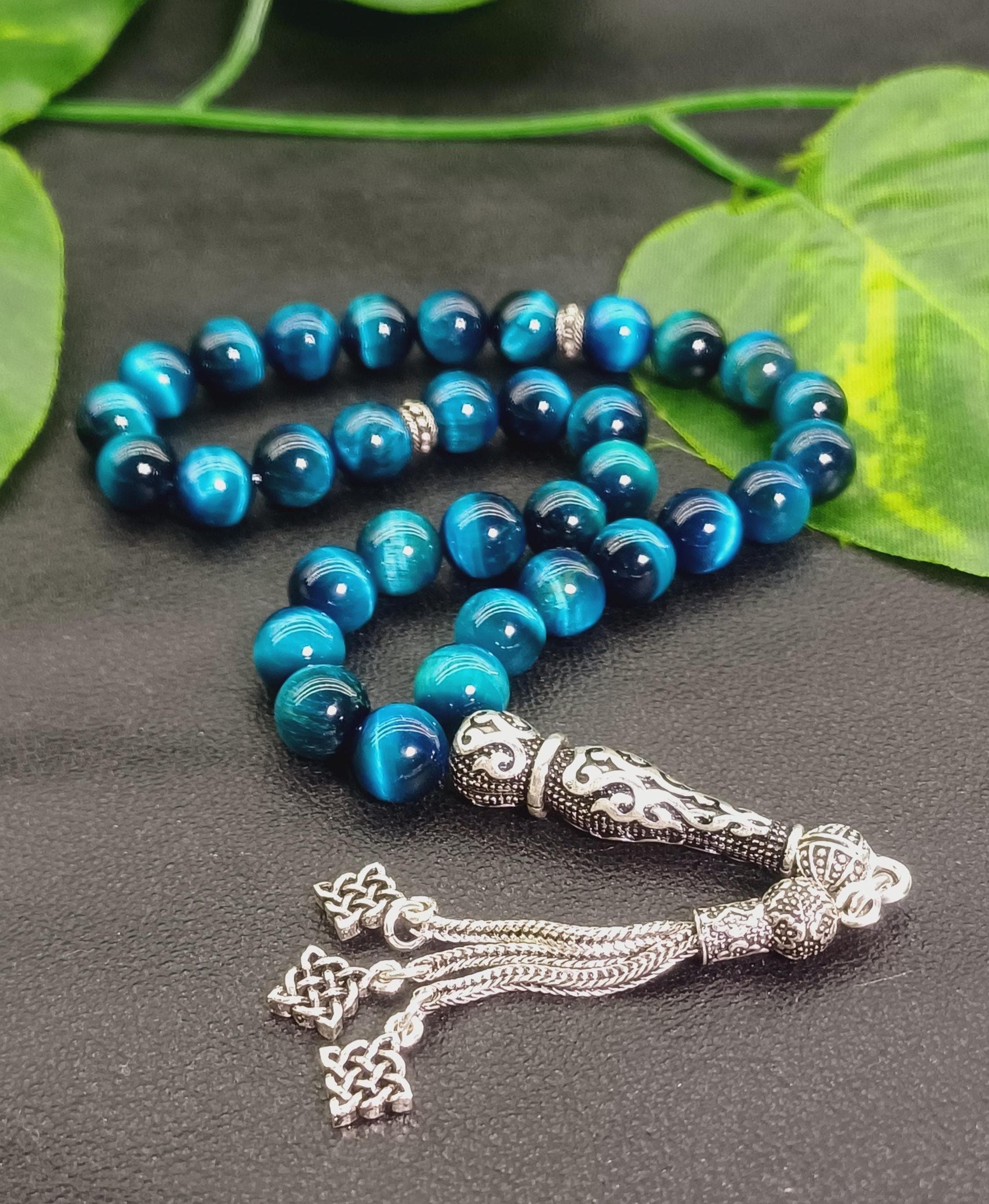 925 Silver Blue Tiger Eye Tasbih: Islamic Prayer Beads Rosary