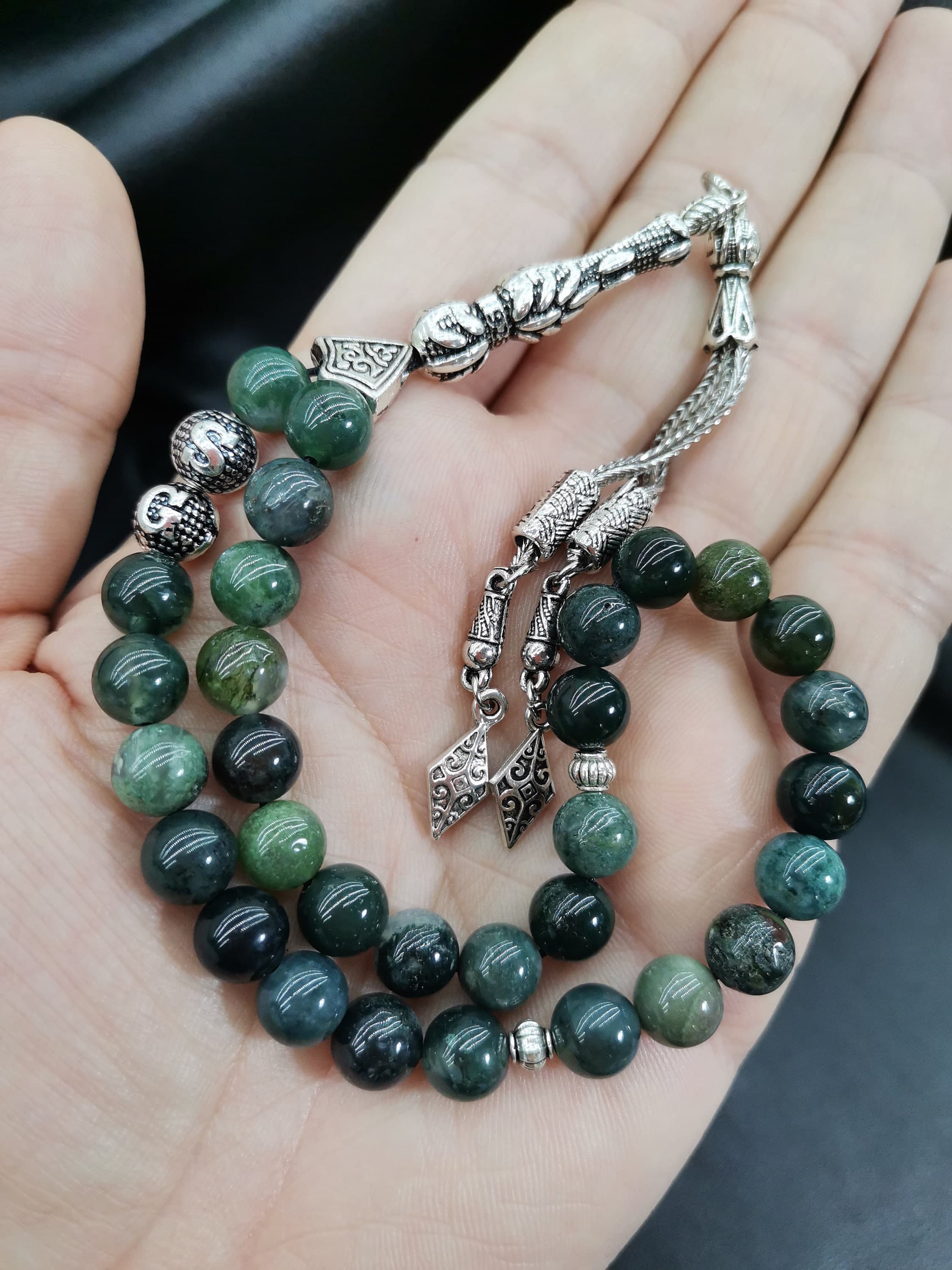 Custom Moss Agate Islamic Tasbih: Personalized 33-Bead Prayer Beads