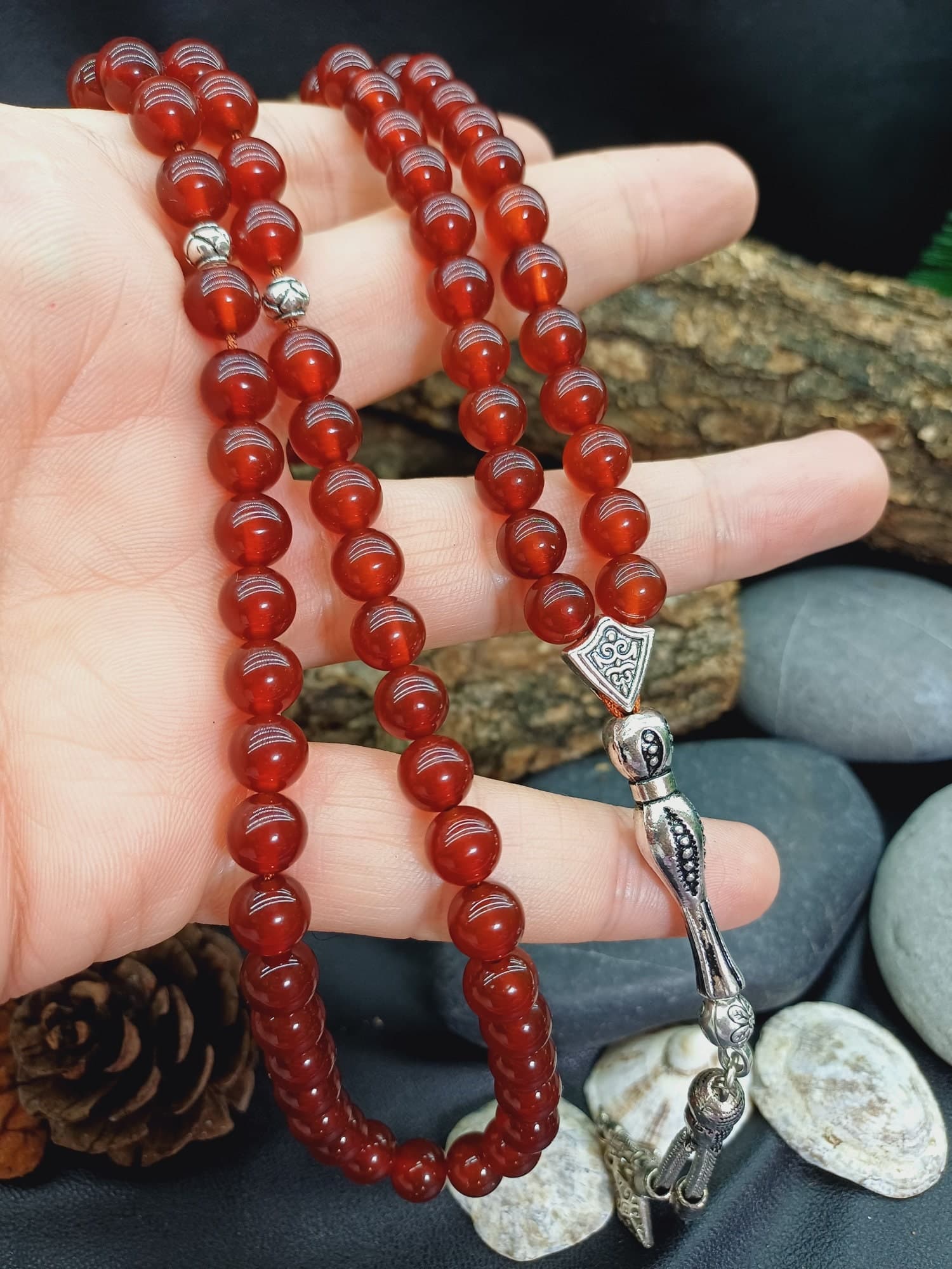 99 Carnelian Agate Tasbih: Red Yemeni Aqiq Islamic Prayer Beads - image 5