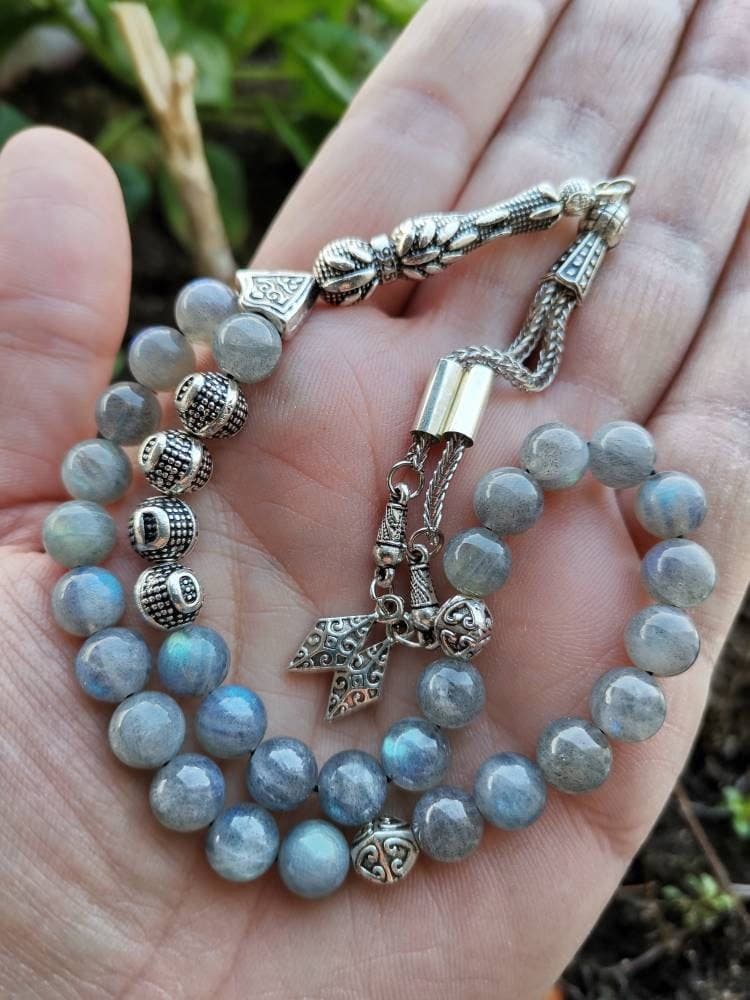 Custom Labradorite Tasbih: 33-Bead Islamic Prayer Beads