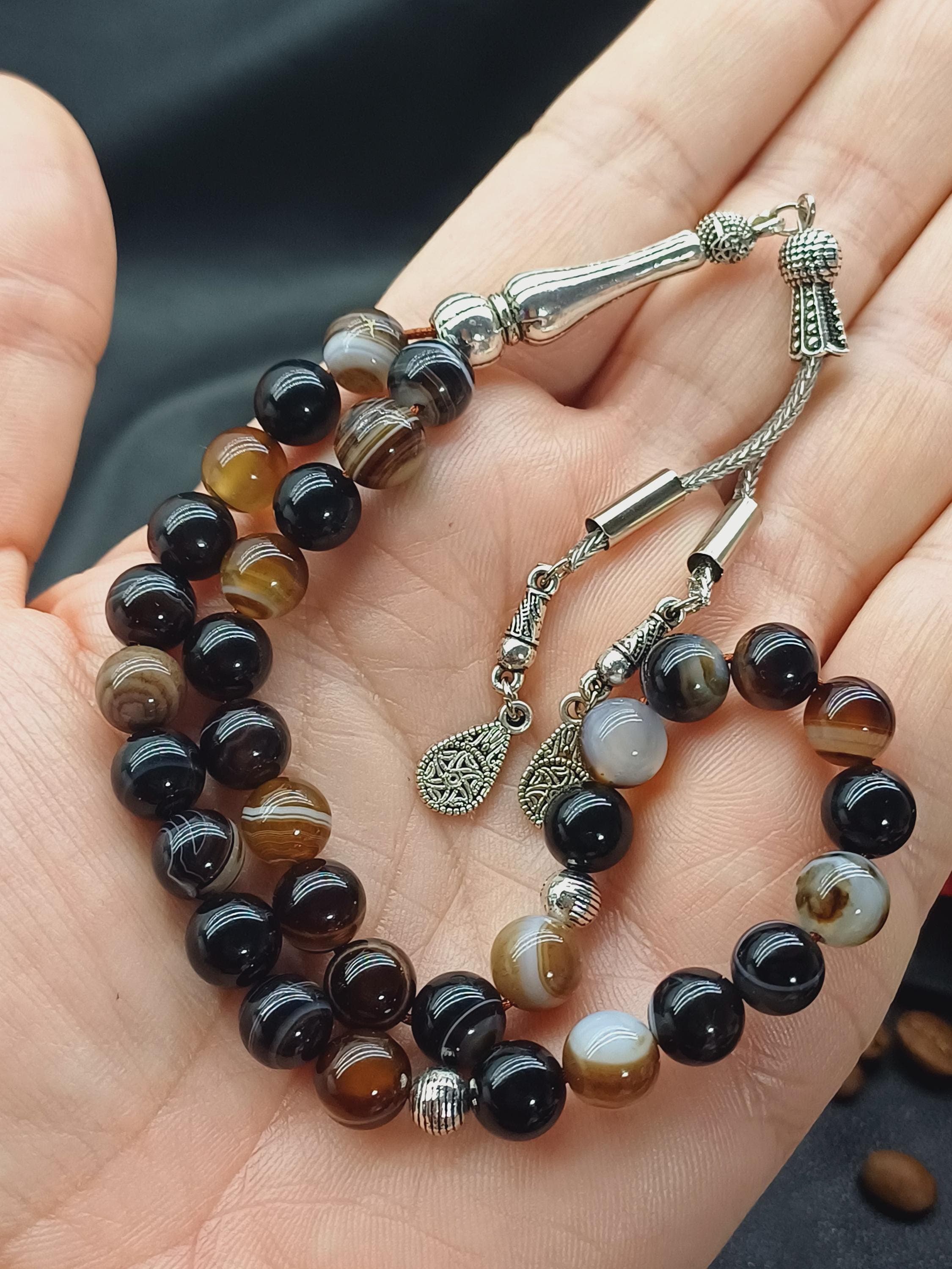 Brown Agate Tasbih: 33-Bead Aqeeq Prayer Beads, Muslim Rosary