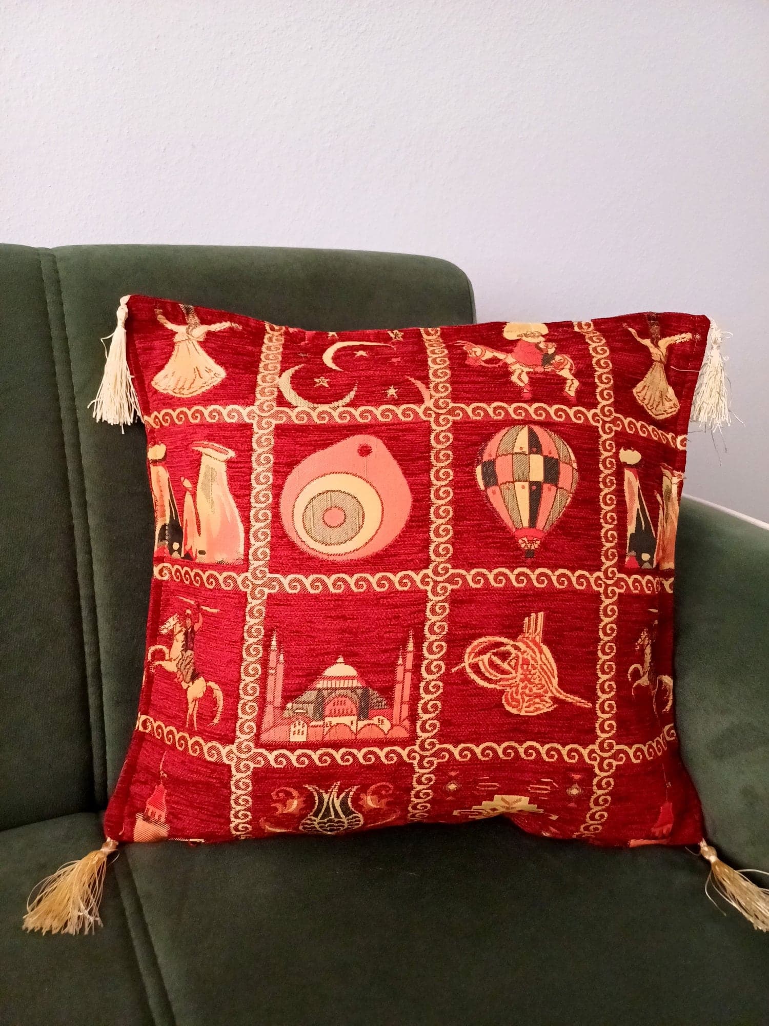 Anatolian Patterned Cushion, Turkish Ottoman Pillow, Red Coach Pillow, Traditional Turkish Figures Pillow, Authentic Velvet Pillow - image 5