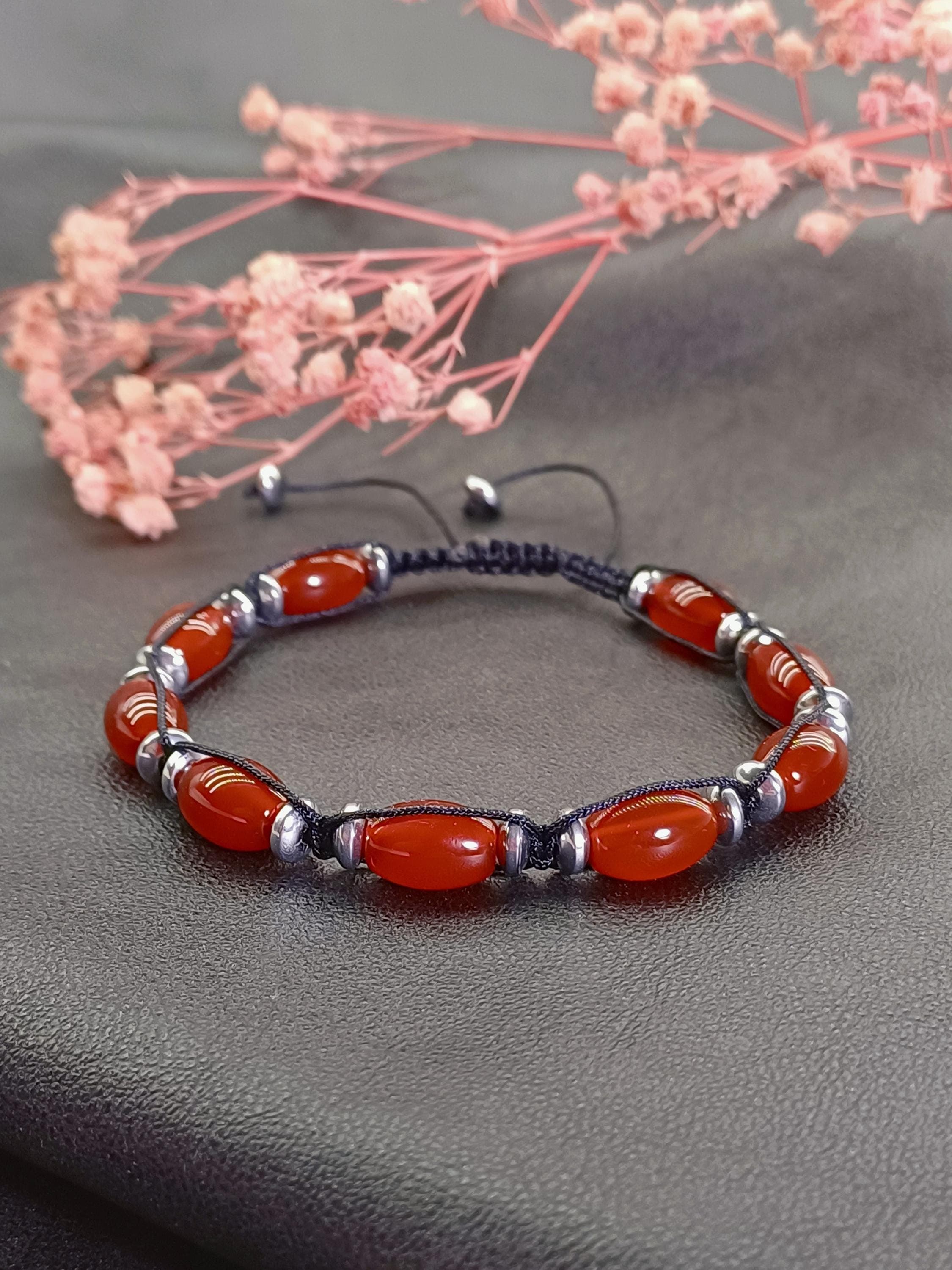 Red Carnelian Men Bracelet, Adjustable Macrame Yemen Agate Bracelet