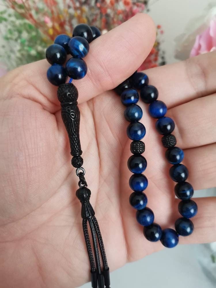 Blue Tiger Eye Tasbih: 33-Bead Muslim Prayer Beads with Black Tassel - image 5