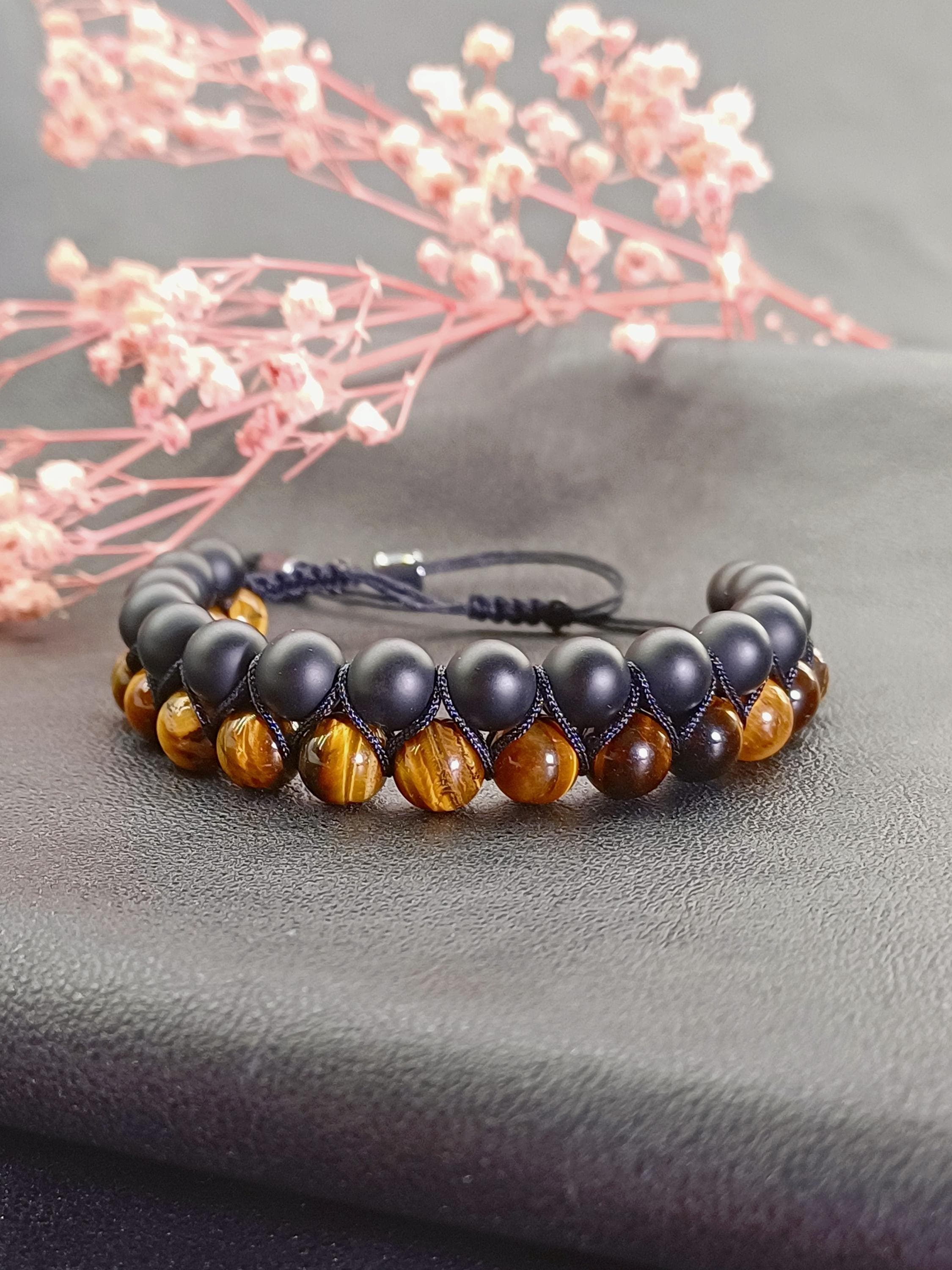 Double Row Men Bracelet Tiger Eye Matte Black Onyx, Adjustable Macrame Bracelet