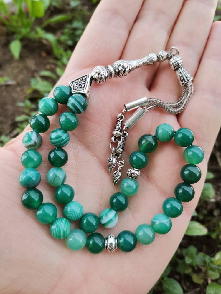 Green Agate Tasbih: 33 Aqeeq Islamic Prayer Beads - image 5
