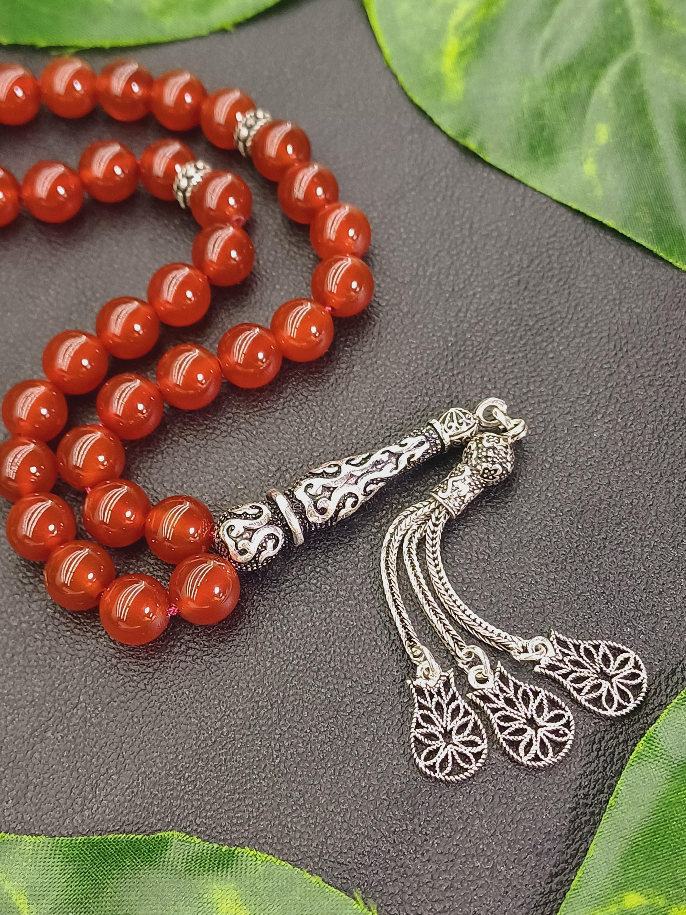 925 Silver Yemen Agate Tasbih: 33-Bead Carnelian Aqeeq Misbaha