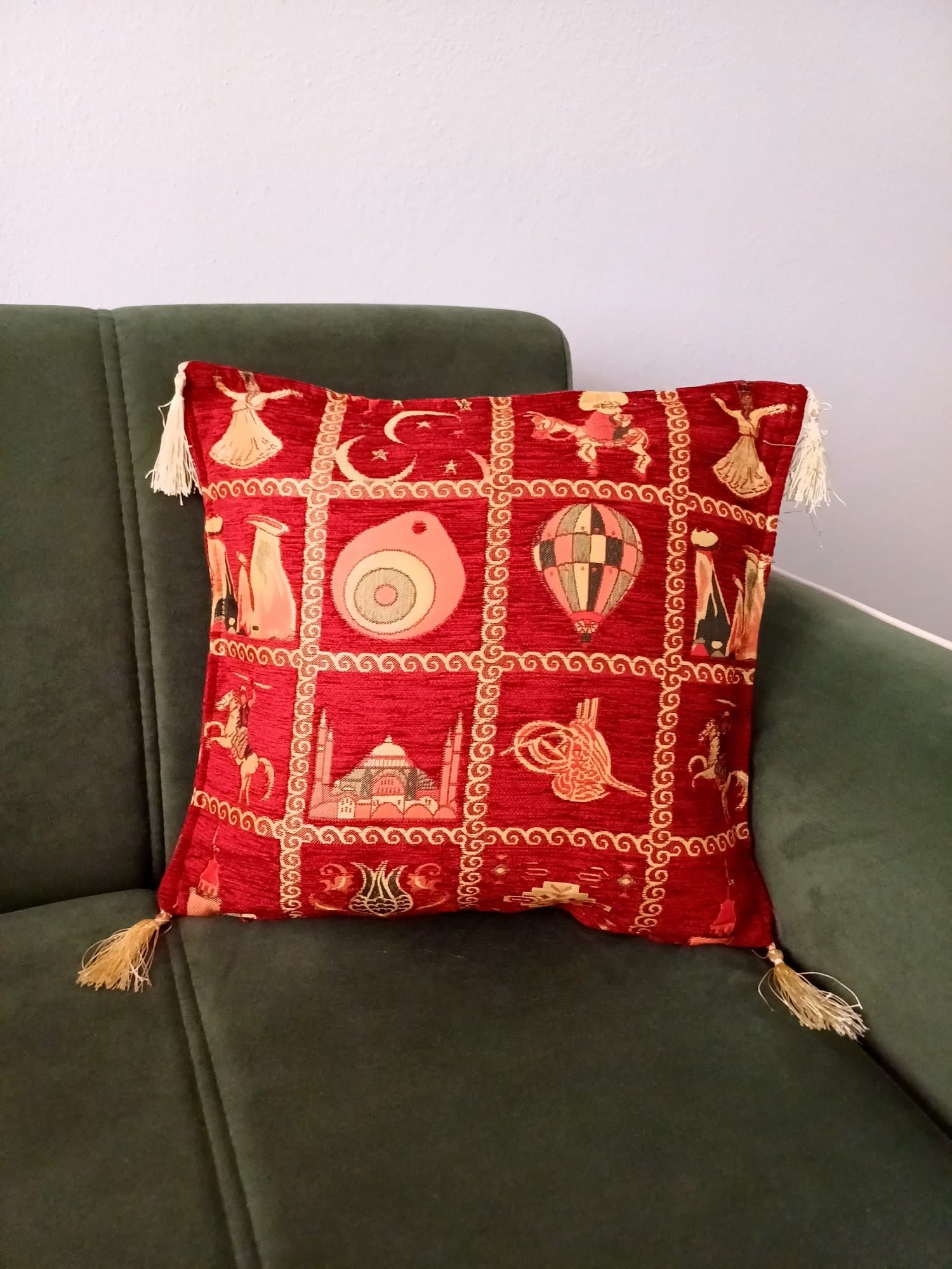 Anatolian Patterned Cushion, Turkish Ottoman Pillow, Red Coach Pillow, Traditional Turkish Figures Pillow, Authentic Velvet Pillow - image 4