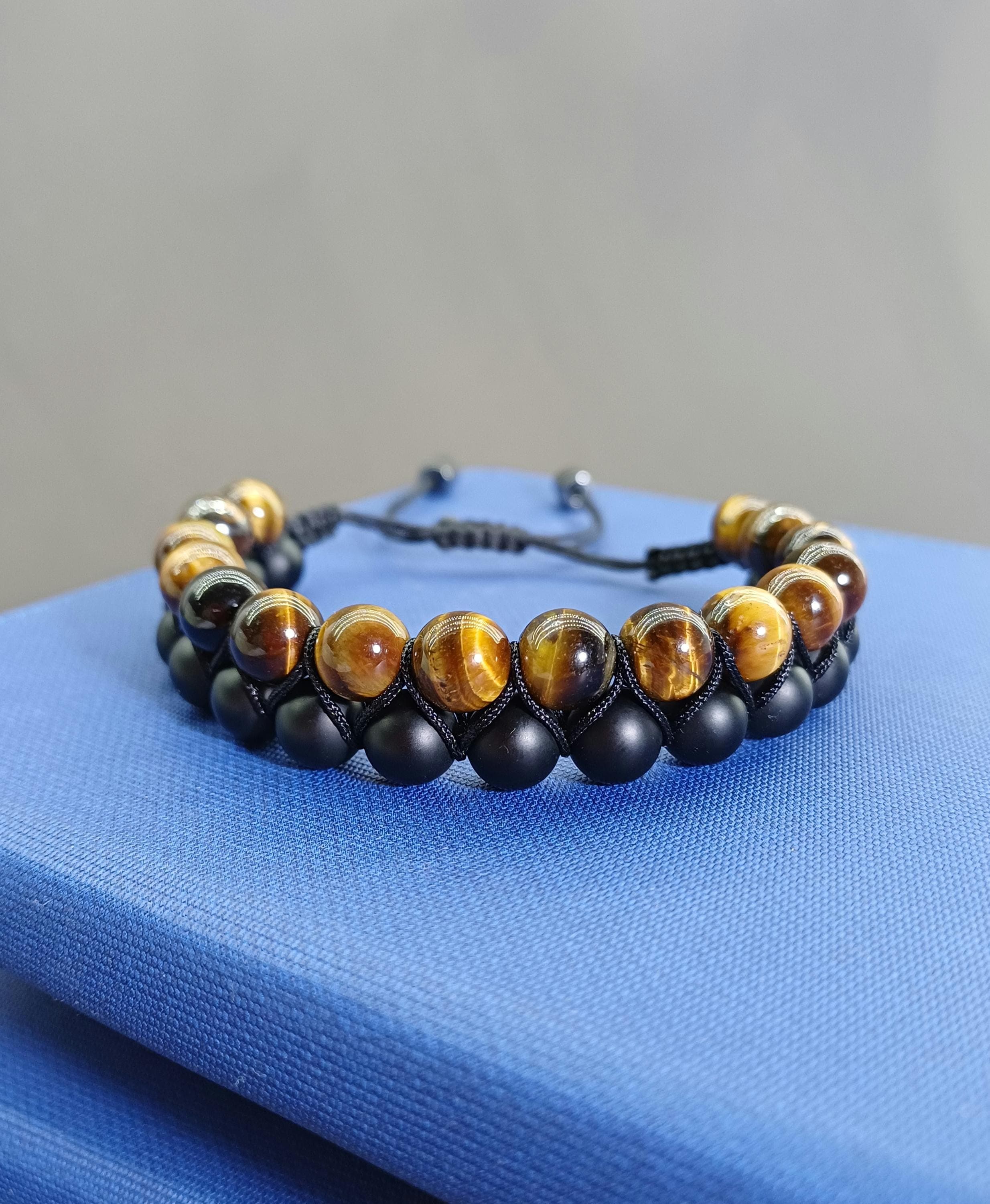 Double Row Men Bracelet Tiger Eye Matte Black Onyx, Adjustable Macrame Bracelet - image 4
