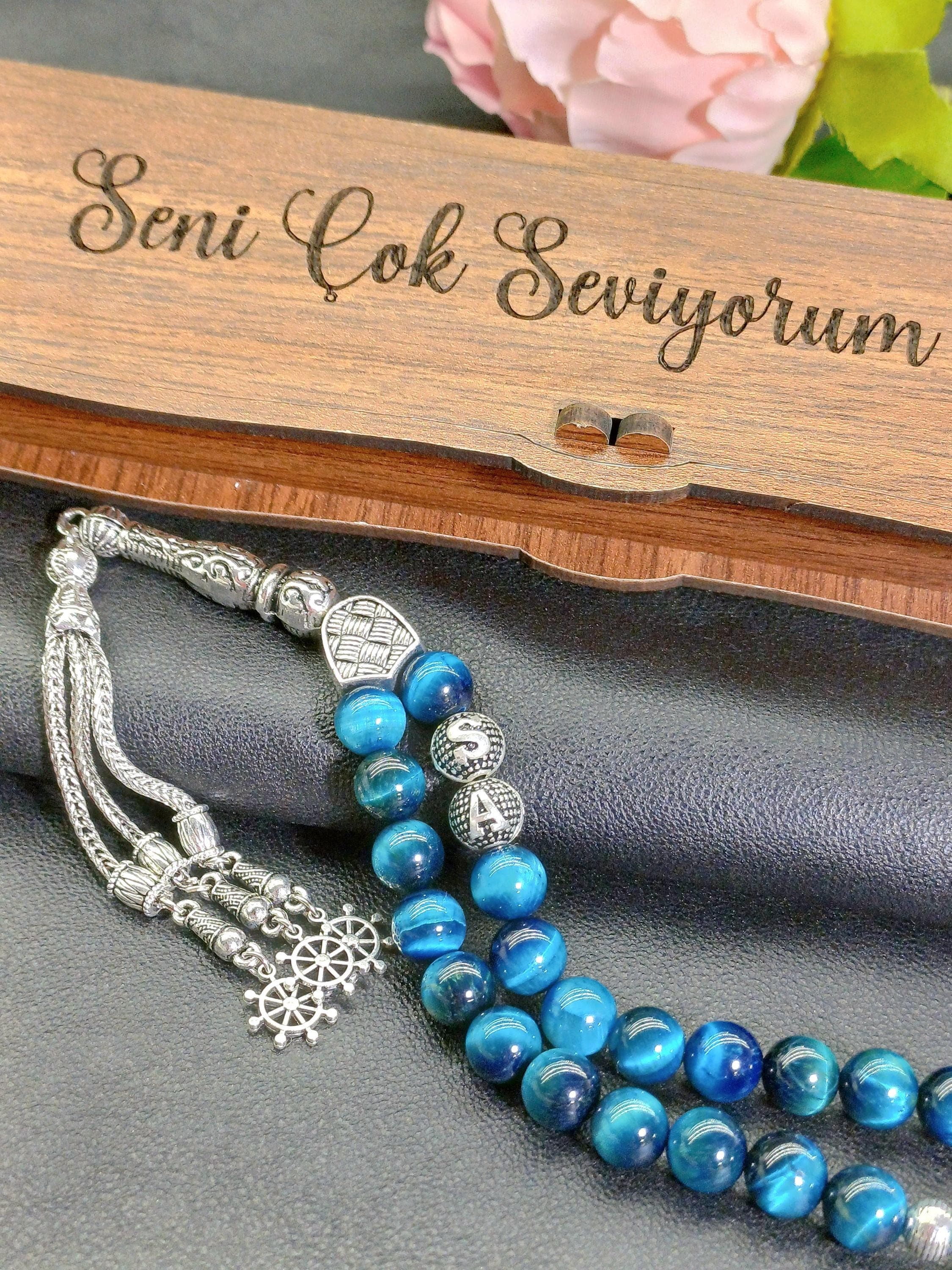 Blue Tiger Eye Tasbih with Custom Wooden Box