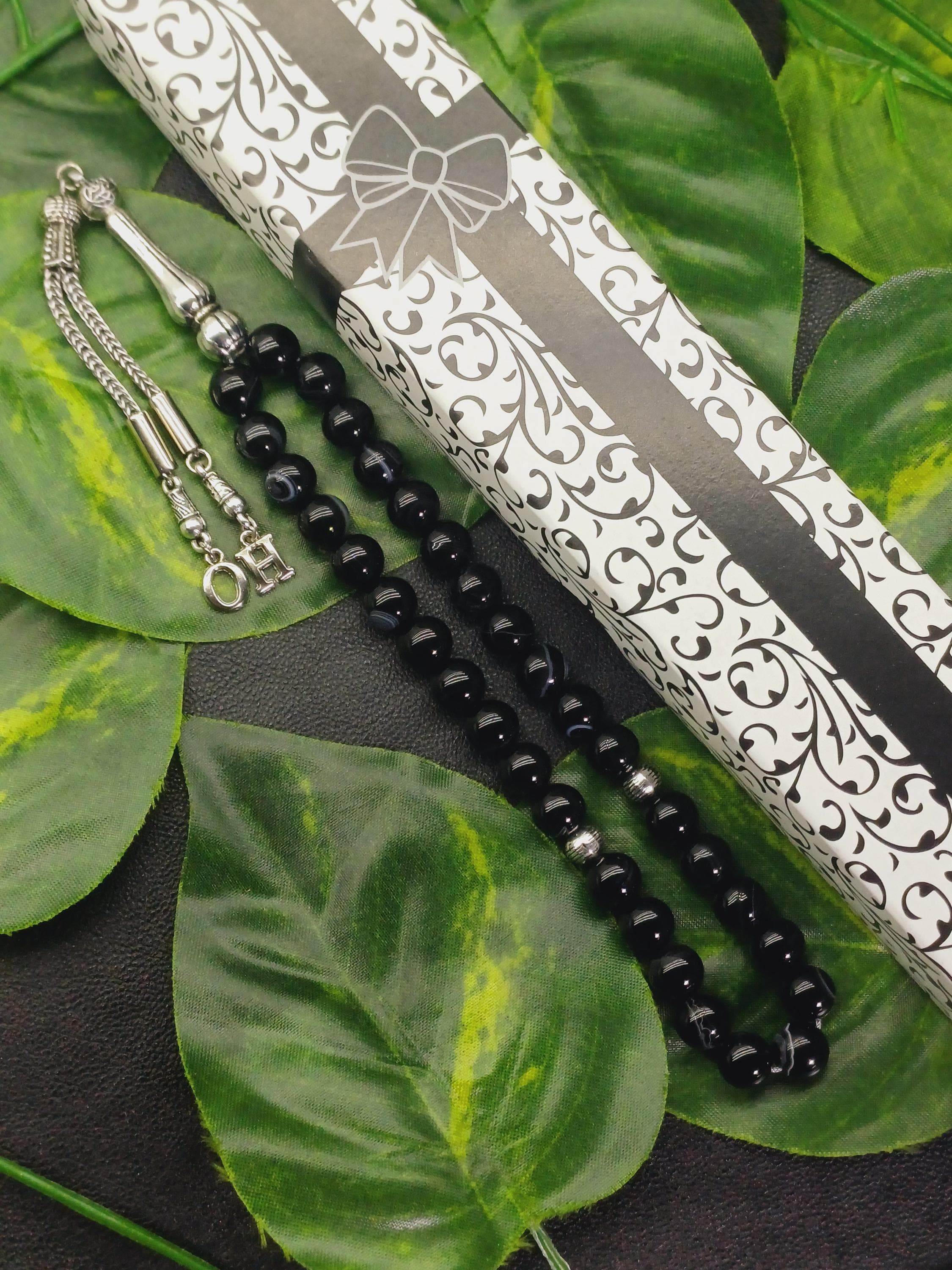 Personalized Black Agate Islamic Tasbih: 33 Prayer Beads with Silver Initials - image 4
