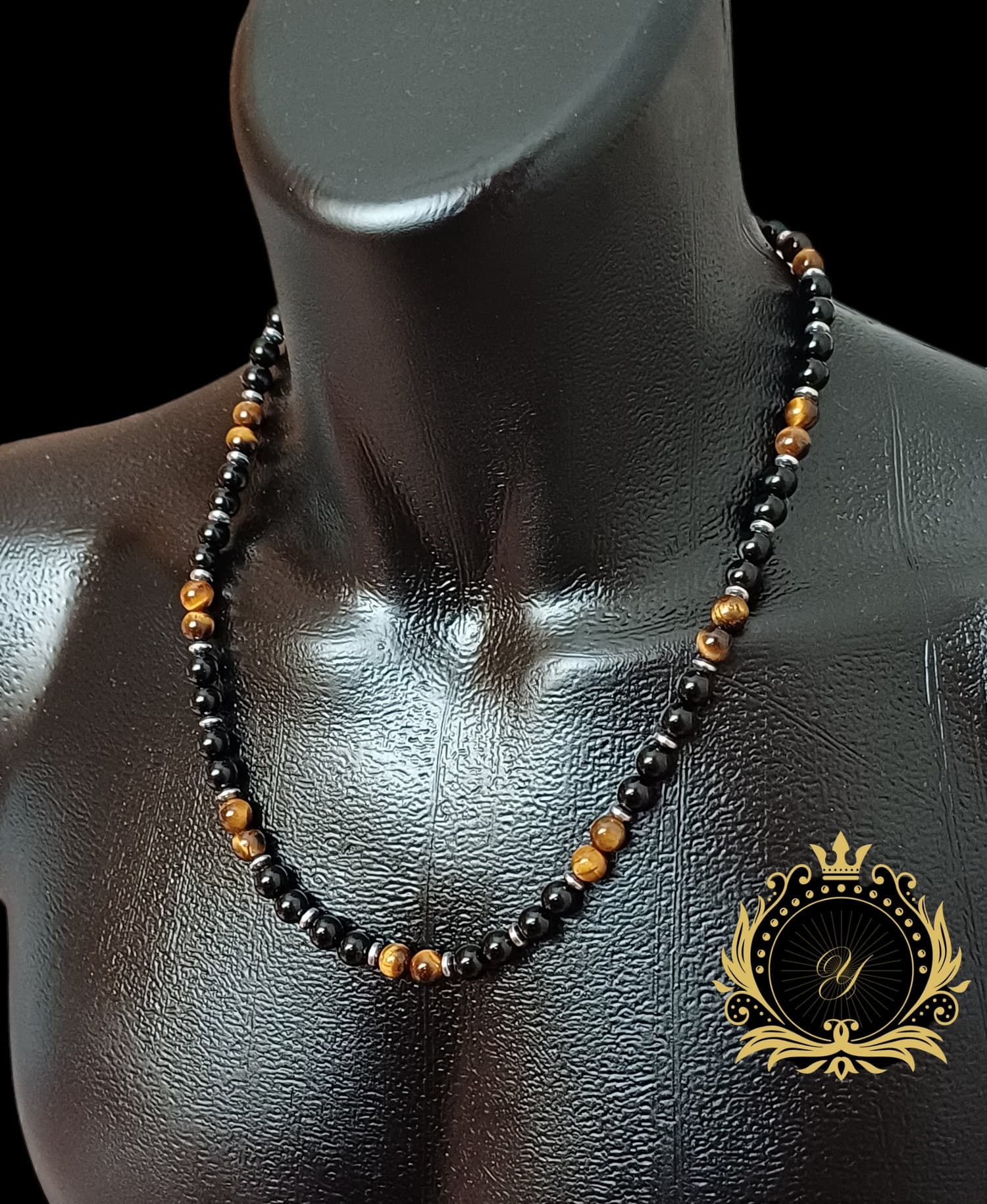 Black Onyx Tiger Eye Beaded Necklace, Gemstone Healing Crystal Men Necklace - image 5
