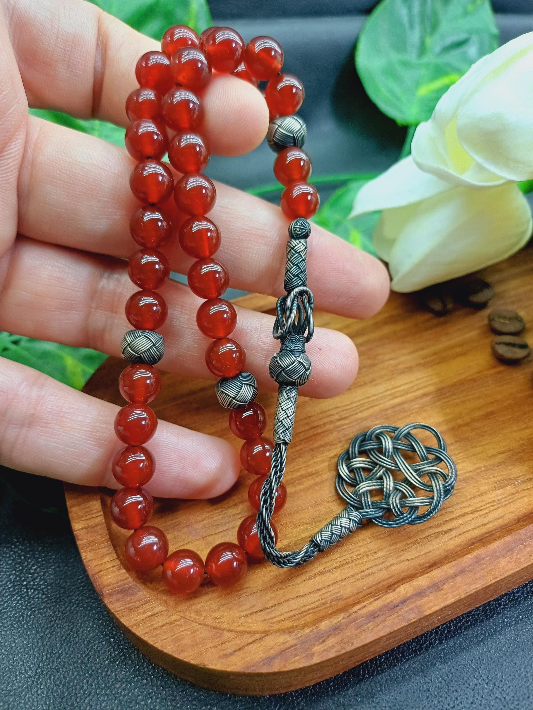 Yemeni Carnelian Agate Tasbih: 1000k Silver Islamic Prayer Beads