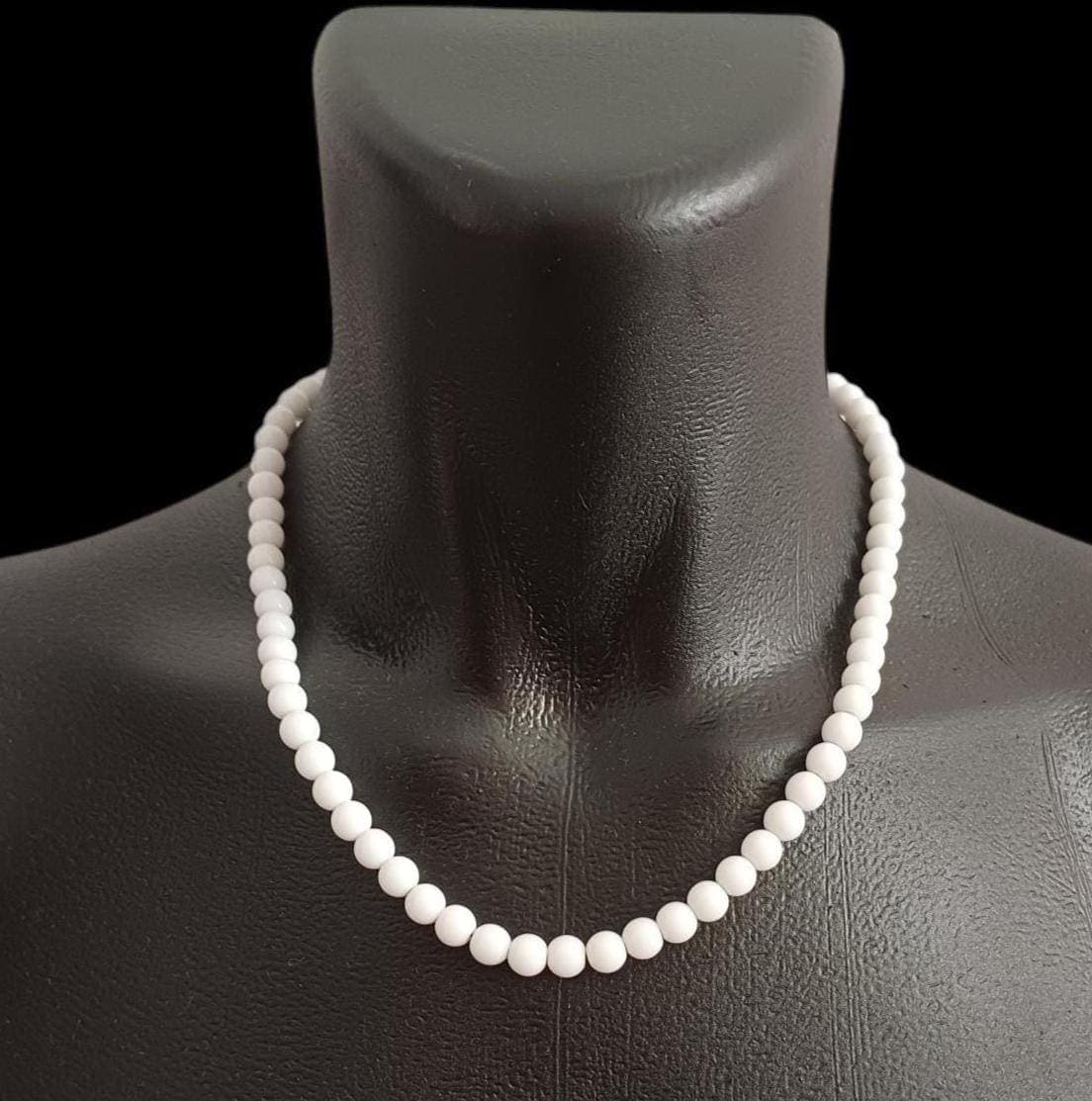 White Jade Beaded Necklace, Unisex Gemstone Jewelry