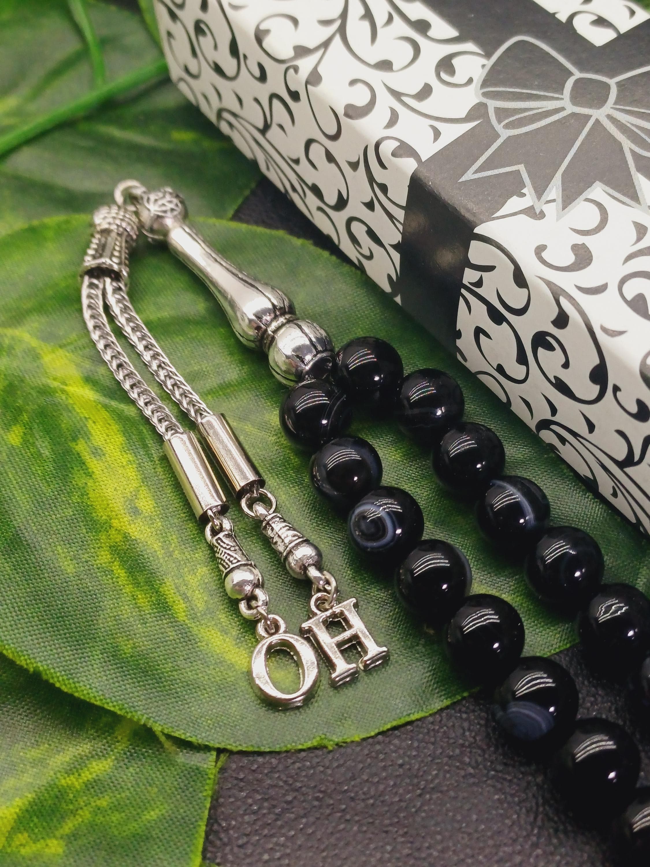 Personalized Black Agate Islamic Tasbih: 33 Prayer Beads with Silver Initials