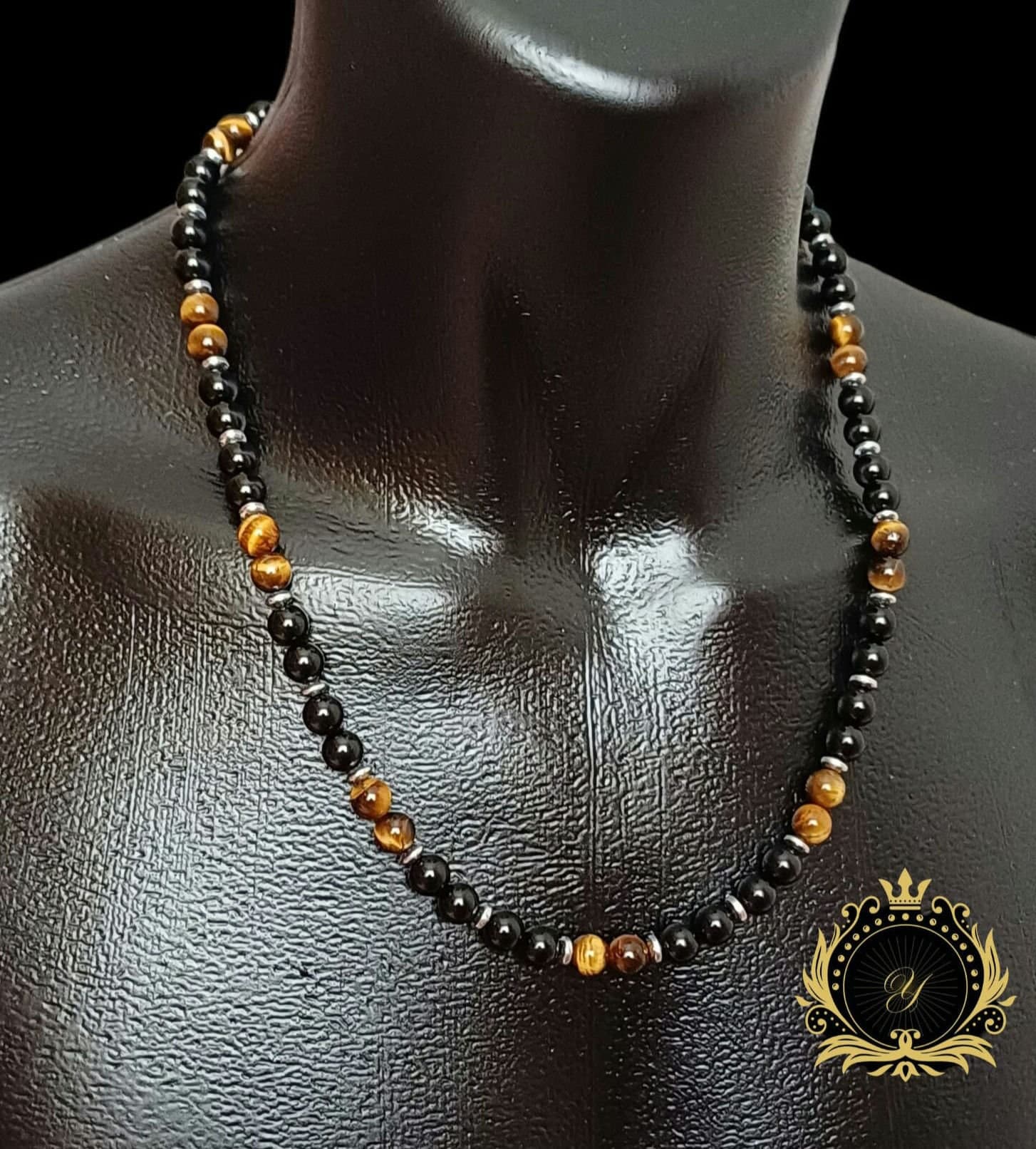 Black Onyx Tiger Eye Beaded Necklace, Gemstone Healing Crystal Men Necklace