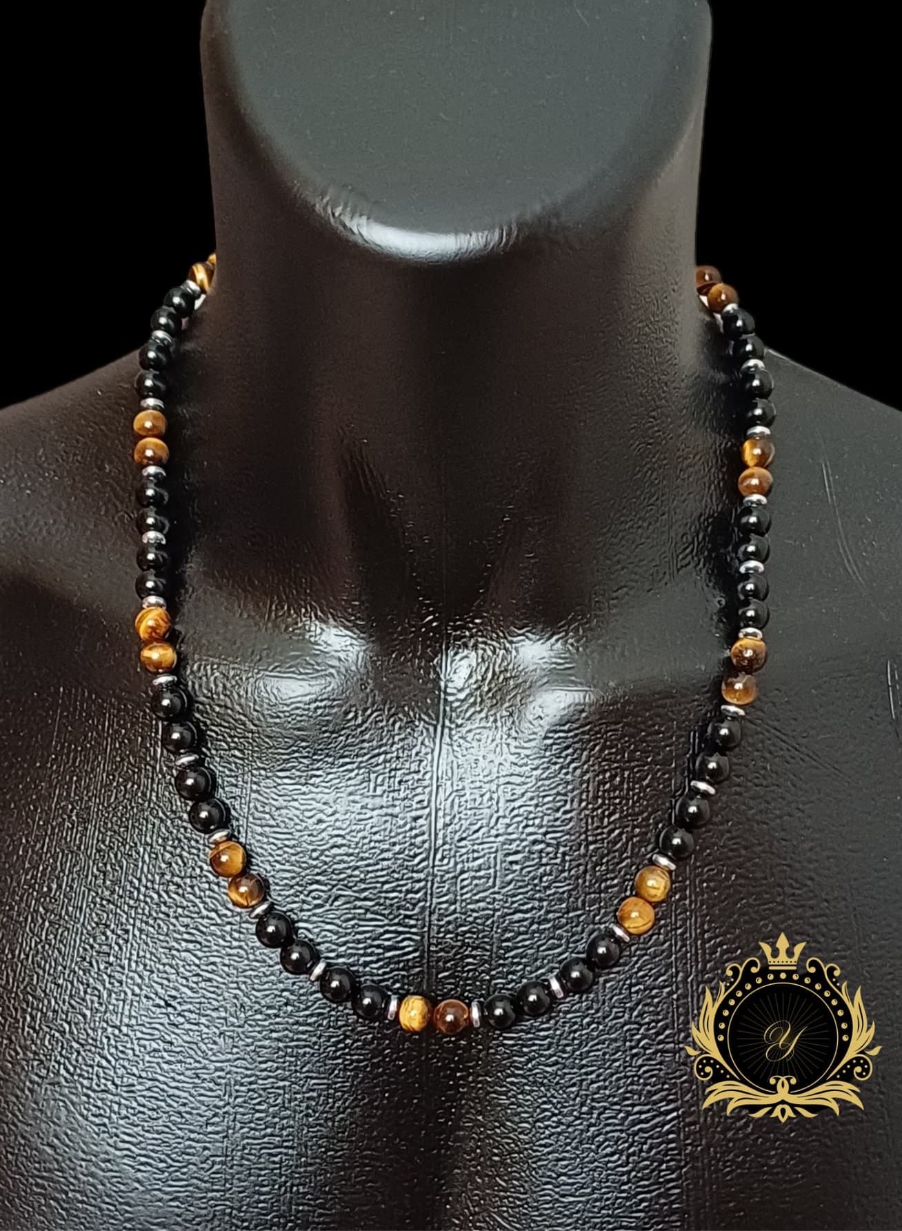 Black Onyx Tiger Eye Beaded Necklace, Gemstone Healing Crystal Men Necklace - image 4