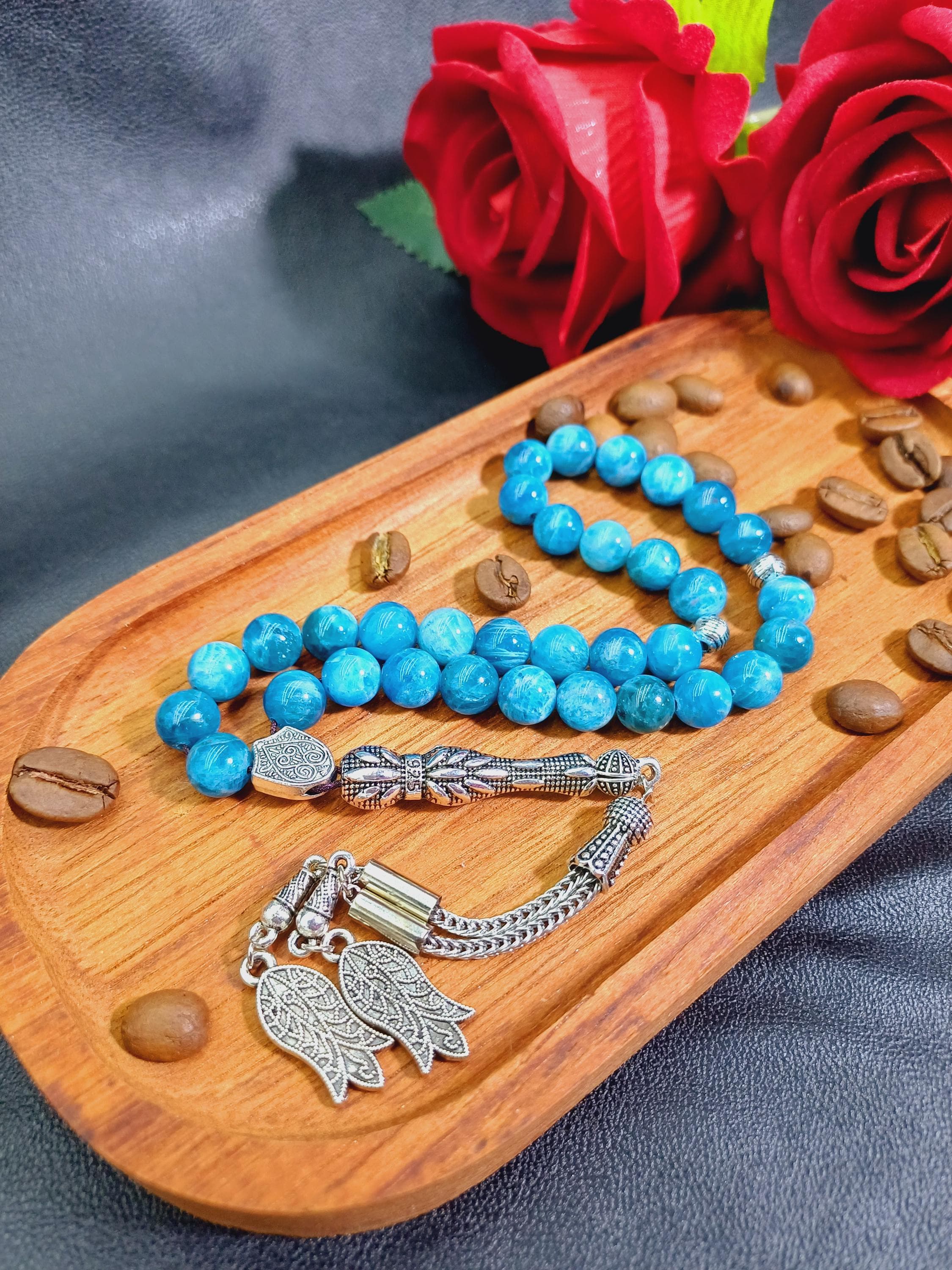 Apatite Tasbih: 33-Bead Muslim Prayer Beads, Blue Islamic Rosary