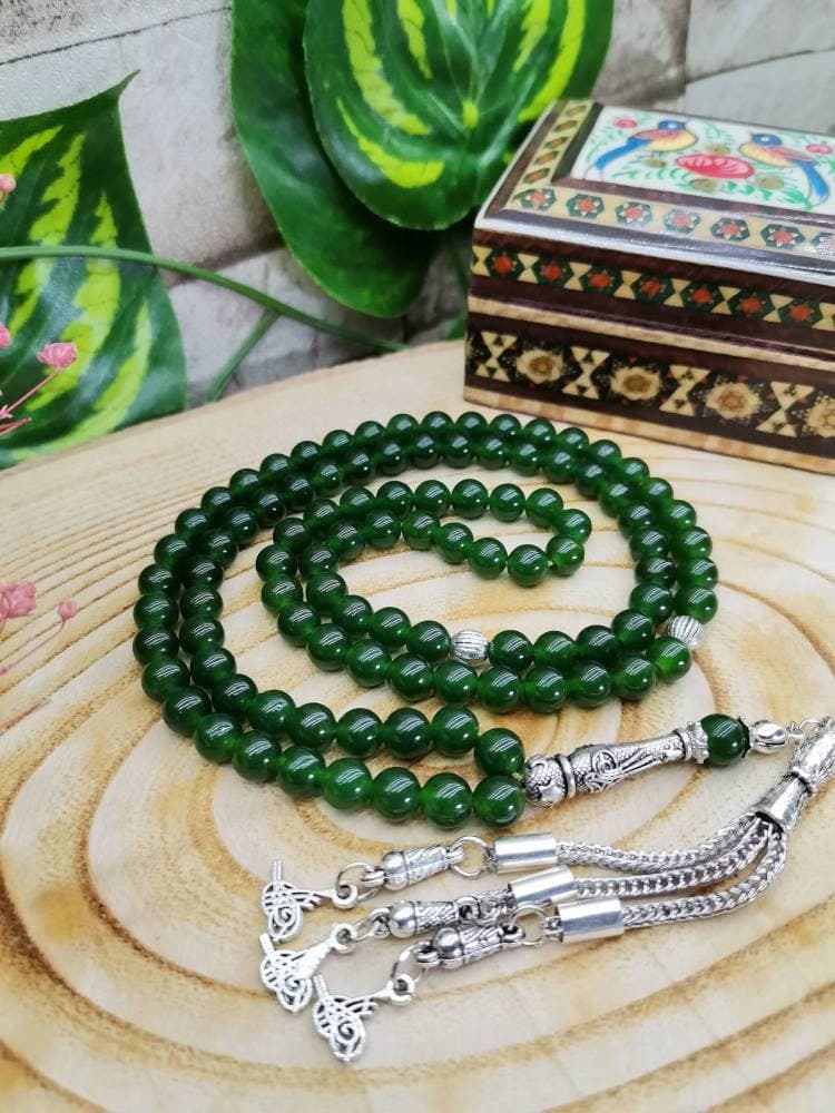 Green Jade Tasbih: 99 Islamic Prayer Beads, 6 mm Small Beaded Muslim Rosary - image 4