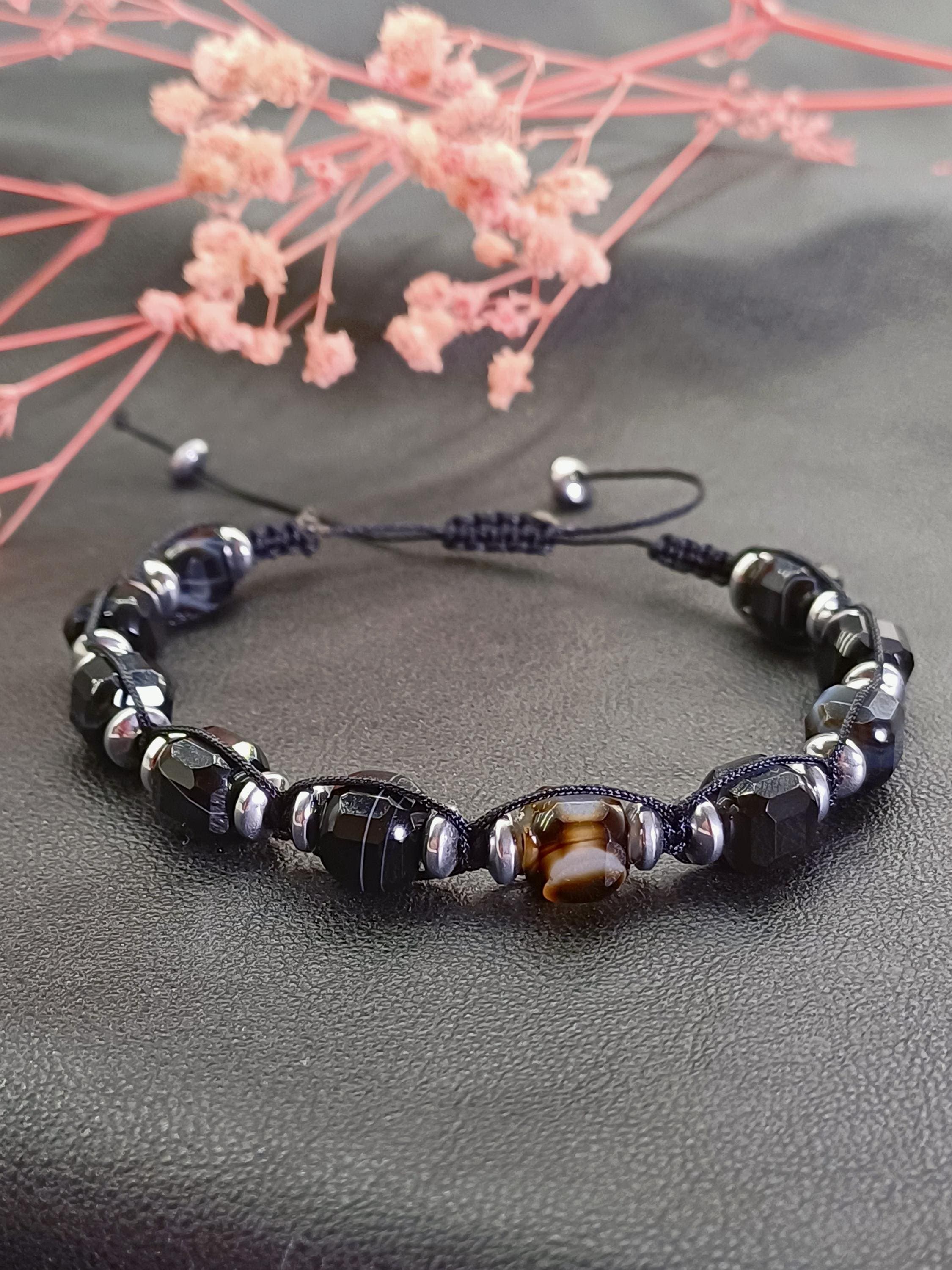 Black Agate Men Bracelet, Protection Stone Adjustable Bracelet