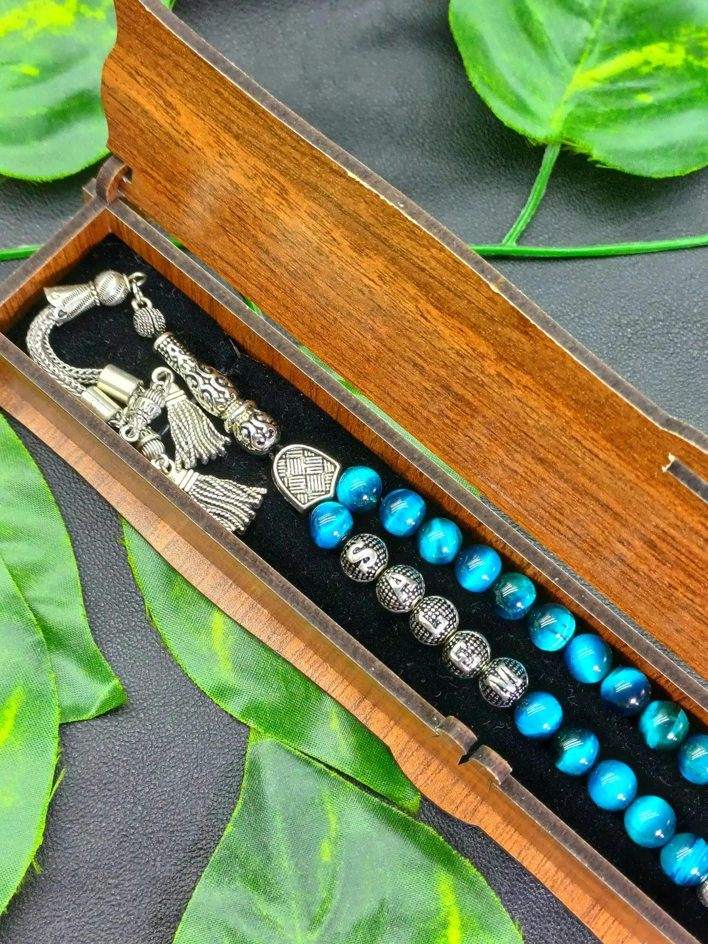 Personalized Blue Tigers Eye Tasbih: Islamic Prayer Beads, Muslim Gift