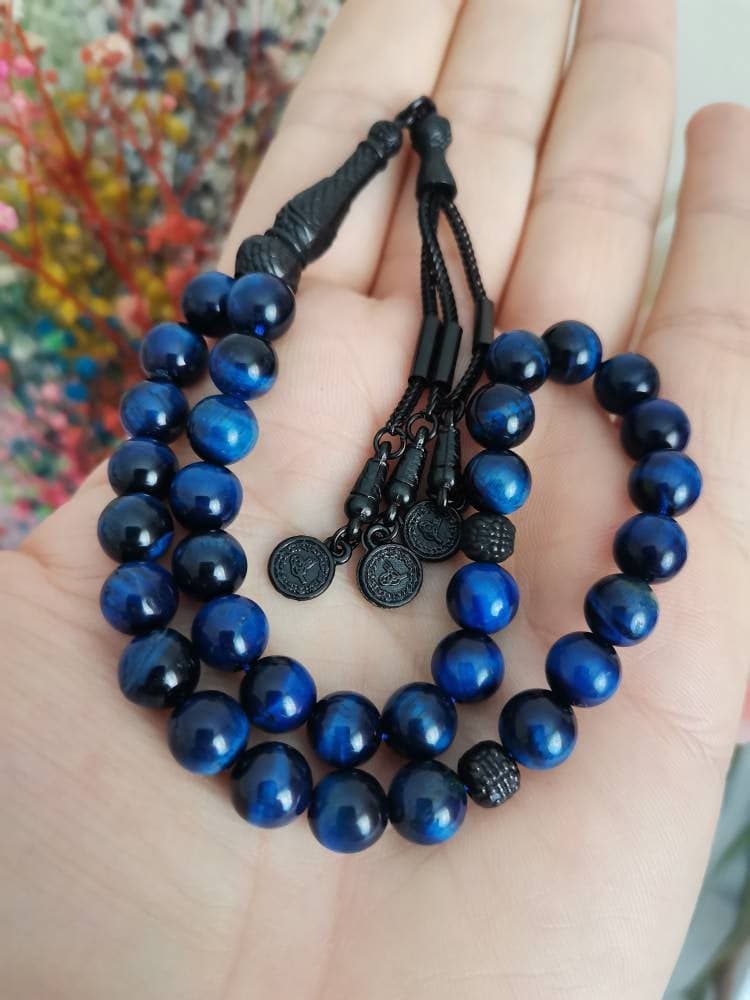 Blue Tiger Eye Tasbih: 33-Bead Muslim Prayer Beads with Black Tassel