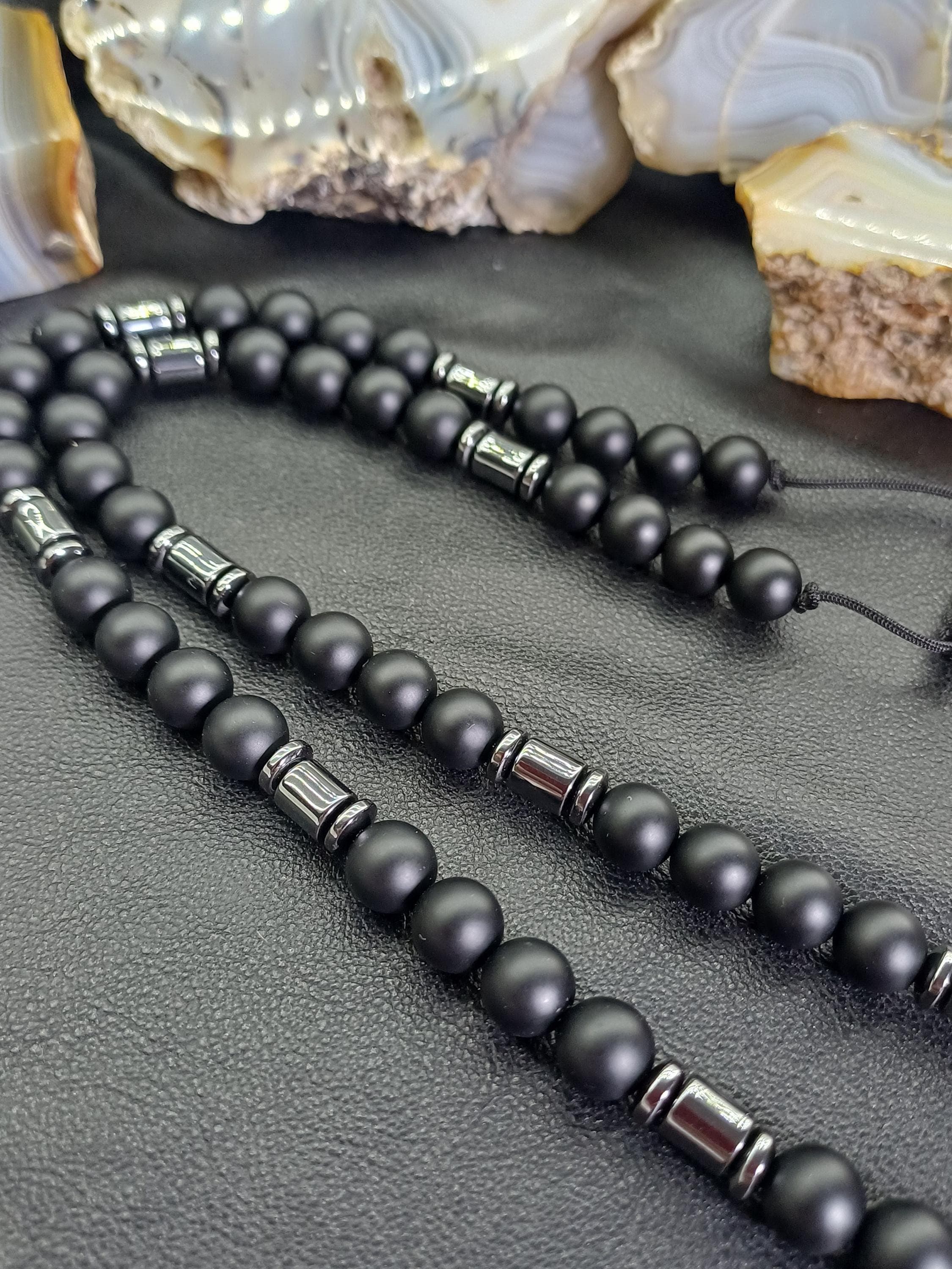 Matte Black Onyx Hematite Men Necklace, Bohemian Beaded Necklace - image 5