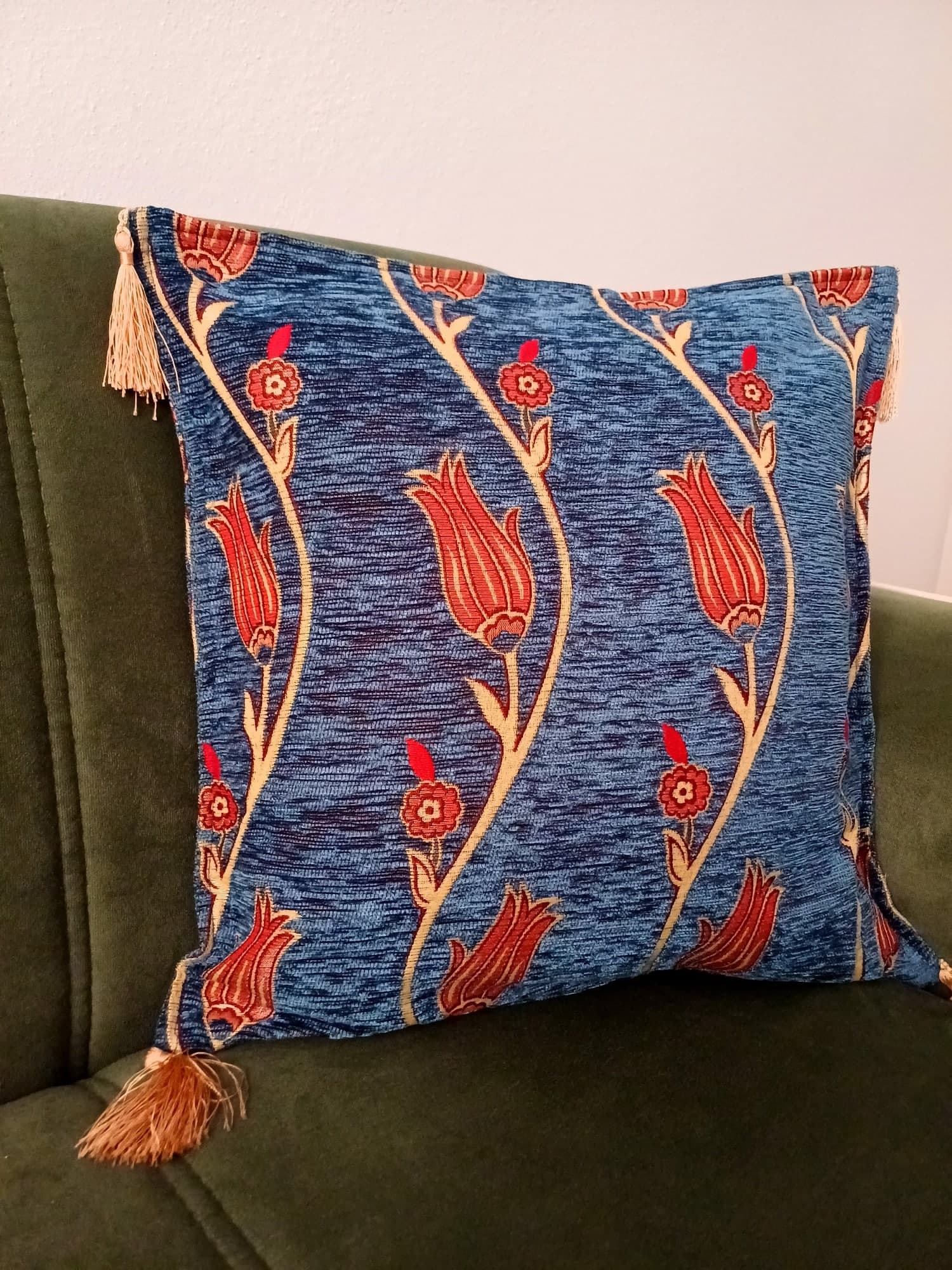 Tulip Tile Patterned Cushion, Traditional Turkish Anatolian Ottoman Pillow, Blue Kilim Pattern Coach Pillow, Rug Authentic Velvet Pillow - image 4