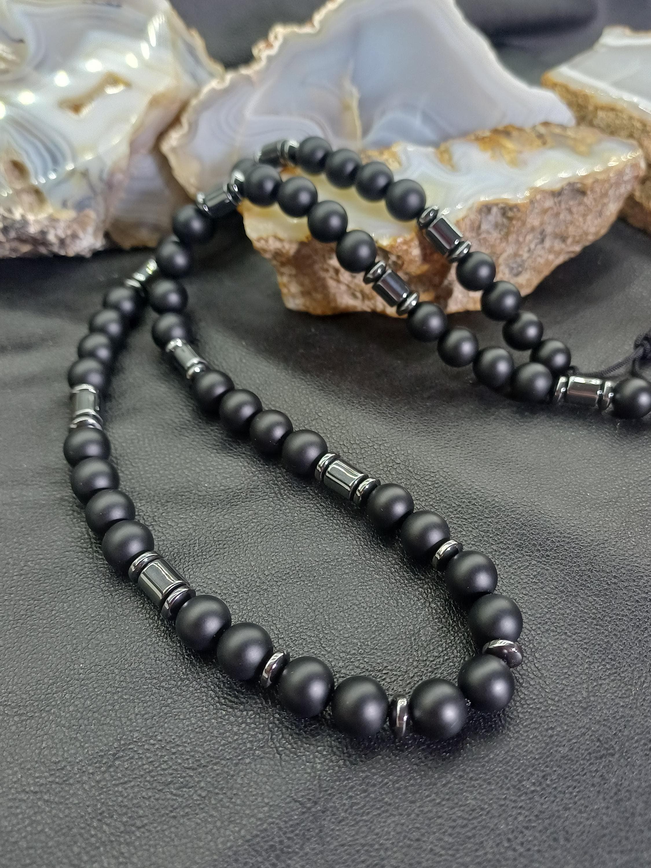Matte Black Onyx Hematite Men Necklace, Bohemian Beaded Necklace