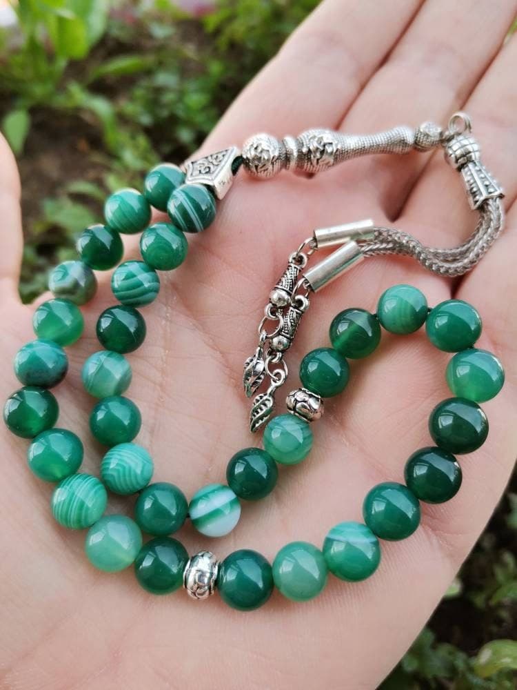 Green Agate Tasbih: 33 Aqeeq Islamic Prayer Beads